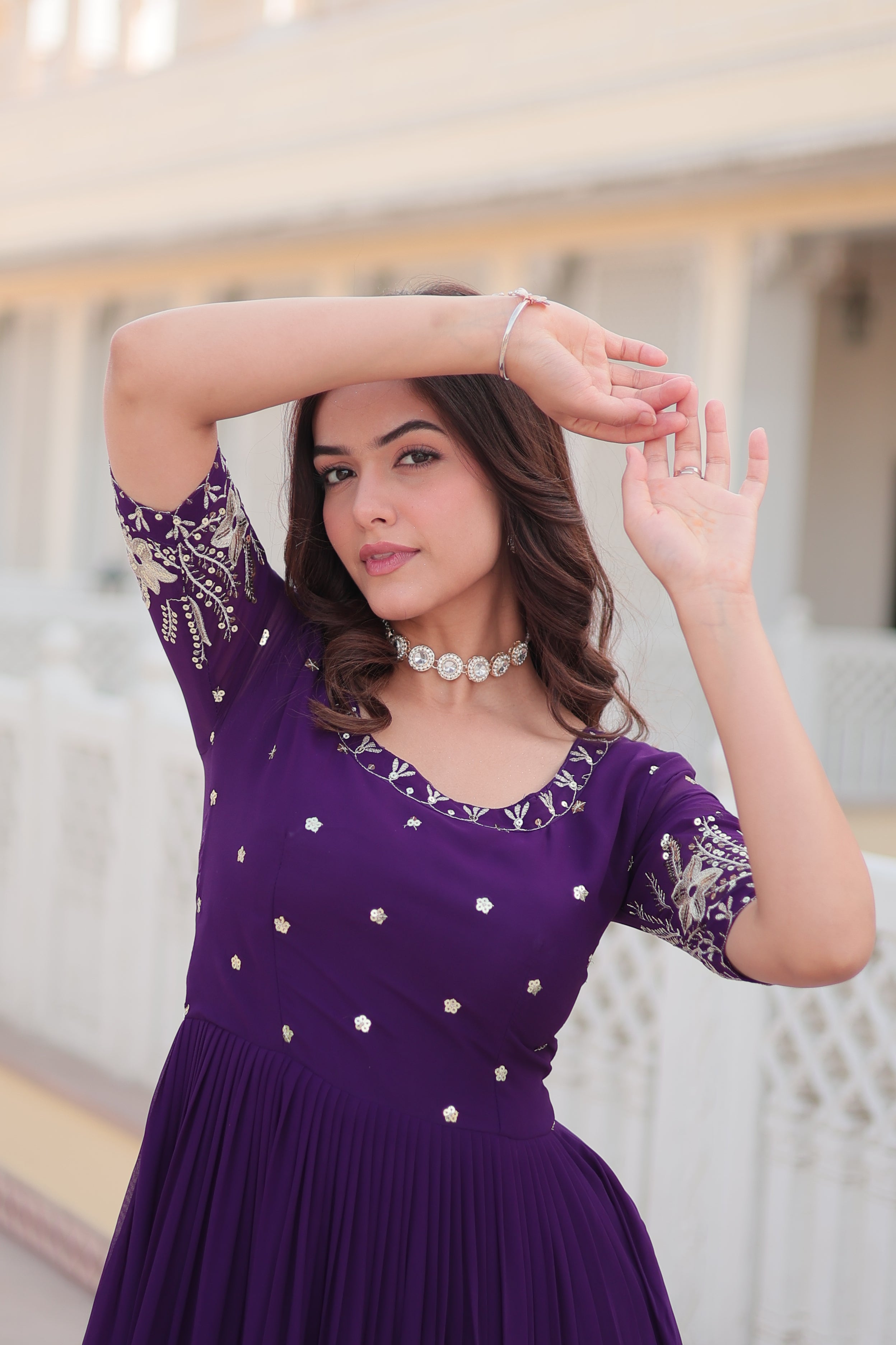 Women’s Purple Georgette Gown – Elegant Designer Wear with Embroidered Detailing