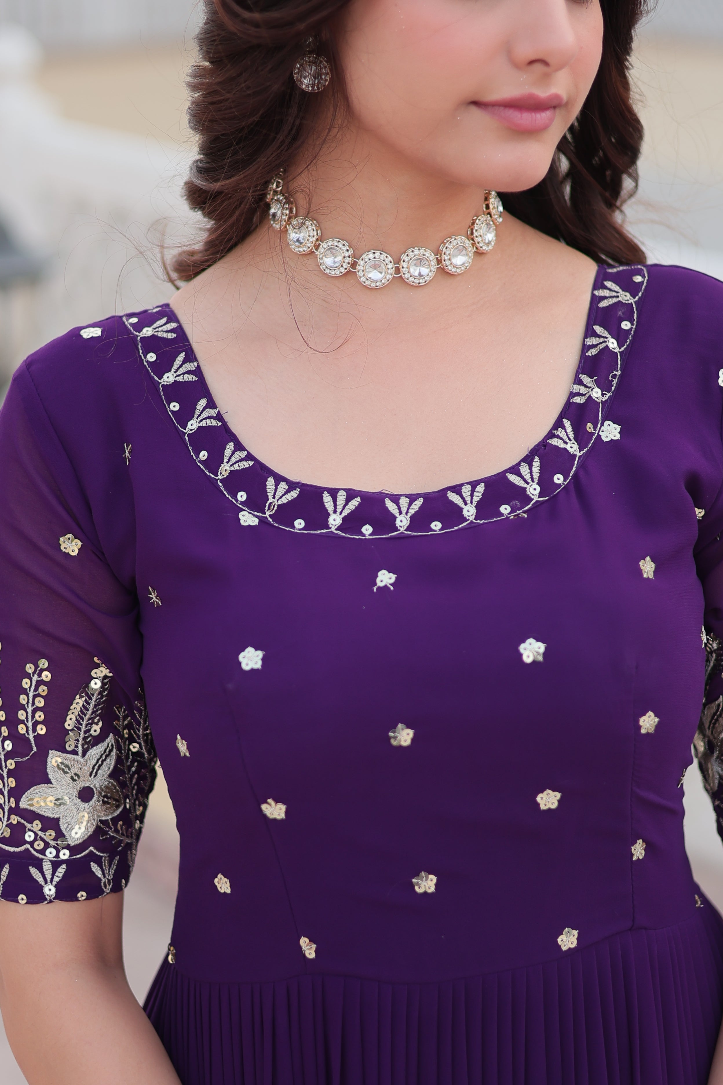 Women’s Purple Georgette Gown – Elegant Designer Wear with Embroidered Detailing
