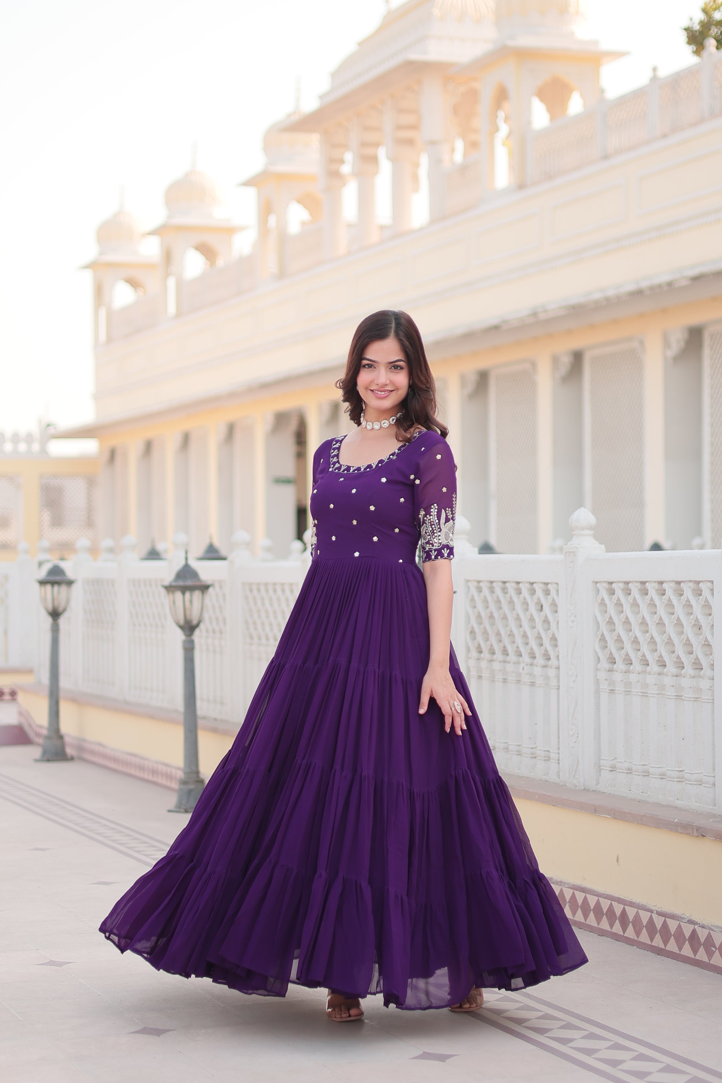 Women’s Purple Georgette Gown – Elegant Designer Wear with Embroidered Detailing
