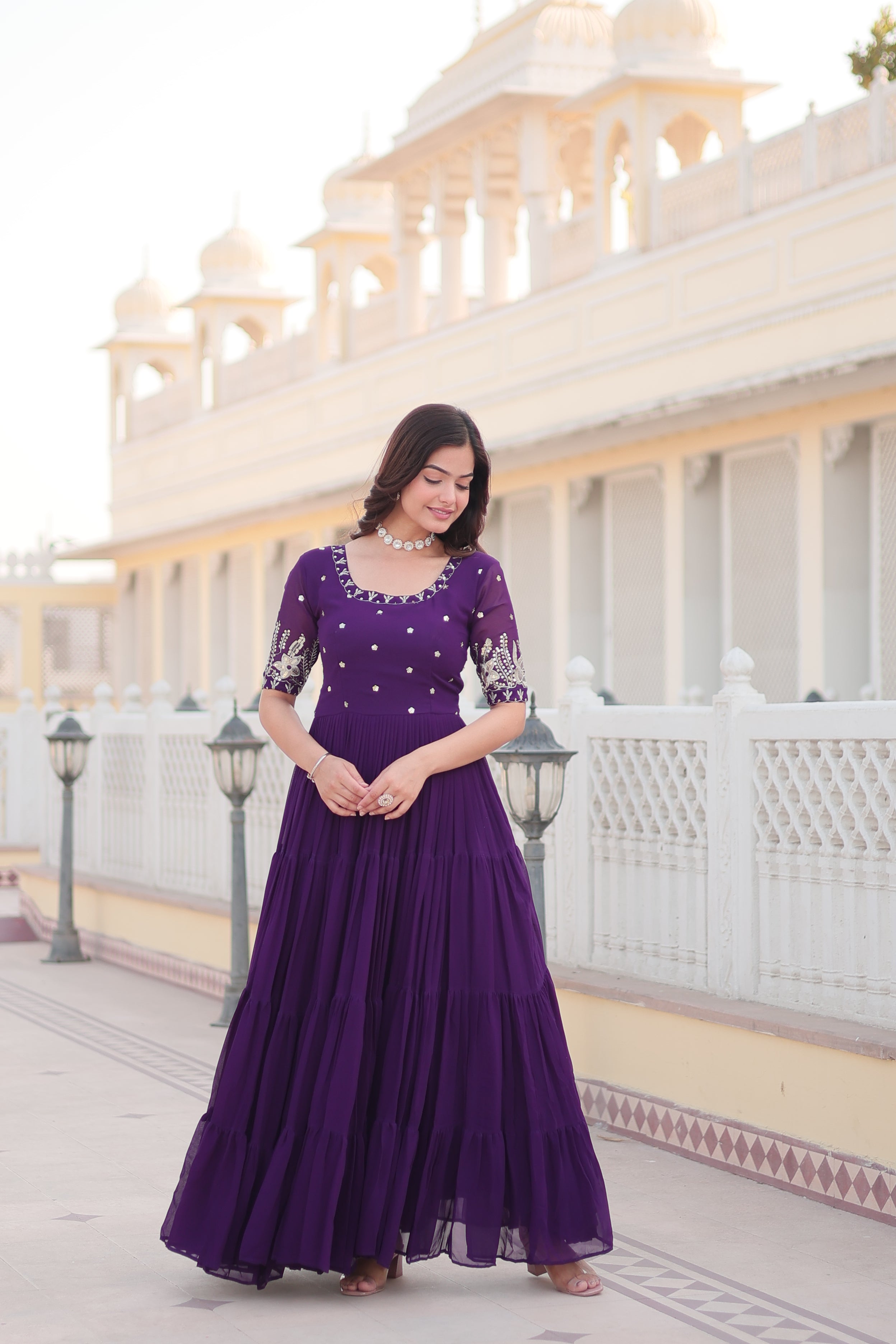Women’s Purple Georgette Gown – Elegant Designer Wear with Embroidered Detailing