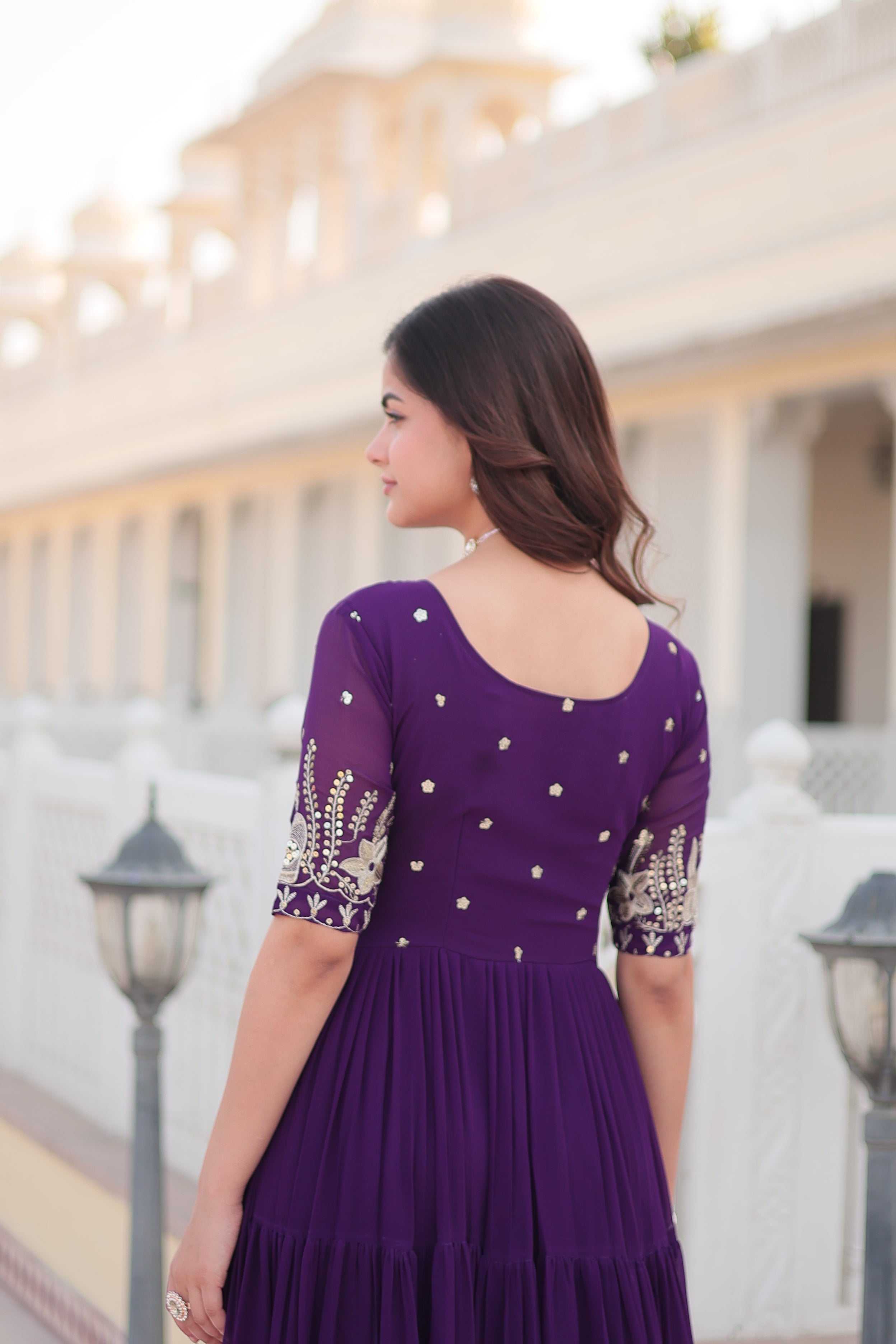 Women’s Purple Georgette Gown – Elegant Designer Wear with Embroidered Detailing