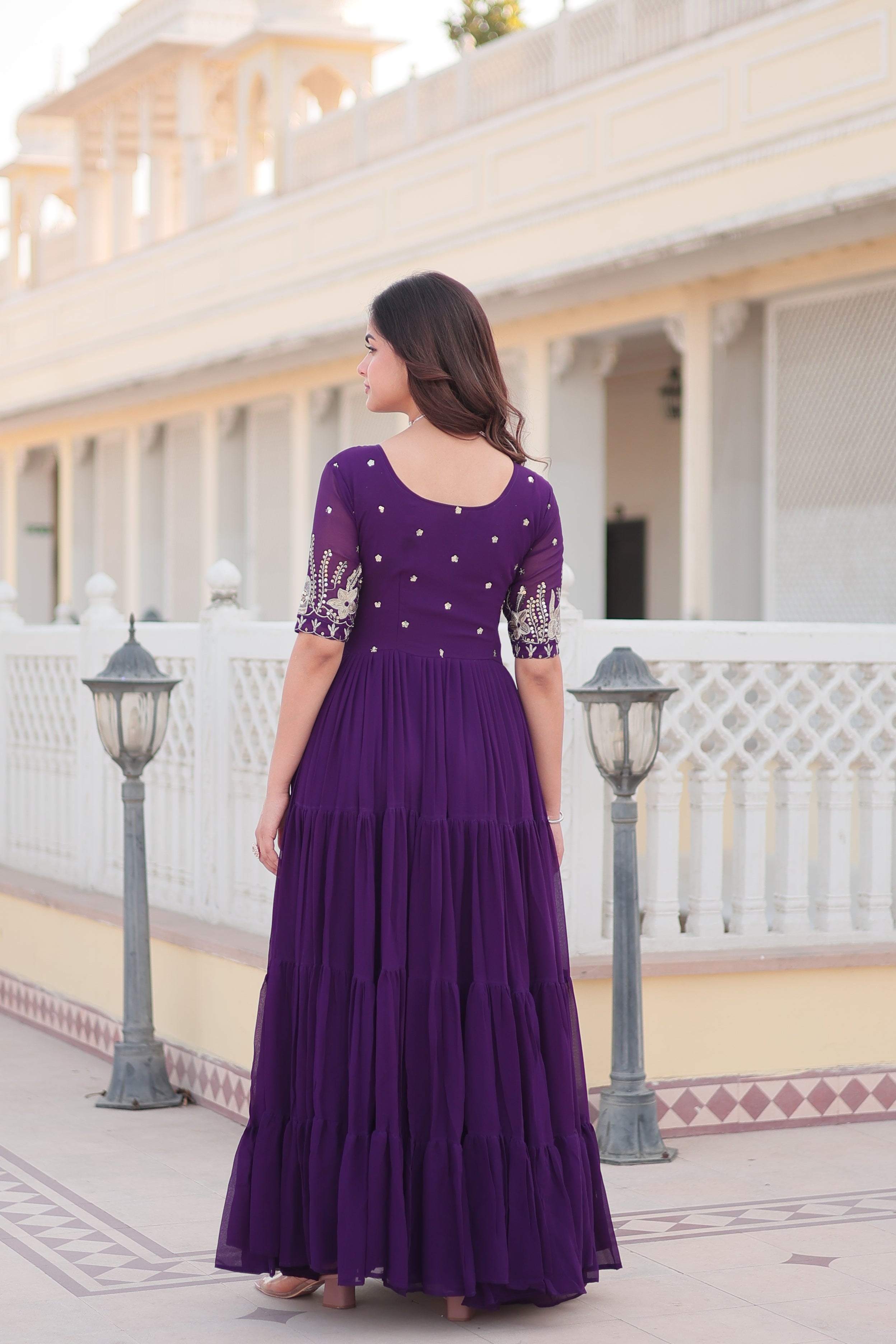 Women’s Purple Georgette Gown – Elegant Designer Wear with Embroidered Detailing