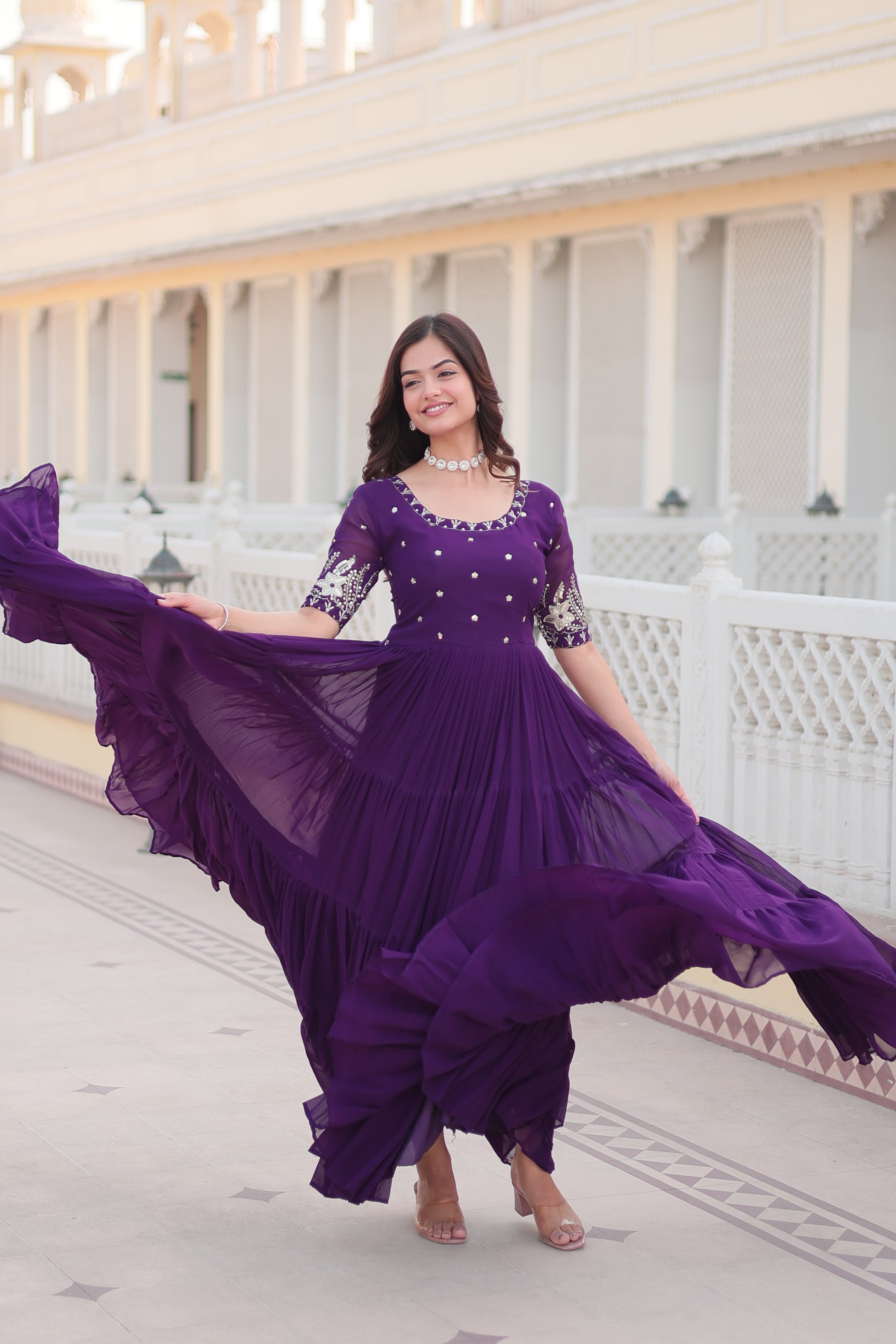 Women’s Purple Georgette Gown – Elegant Designer Wear with Embroidered Detailing