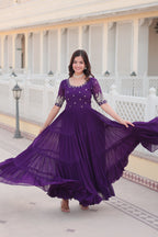 Women’s Purple Georgette Gown – Elegant Designer Wear with Embroidered Detailing