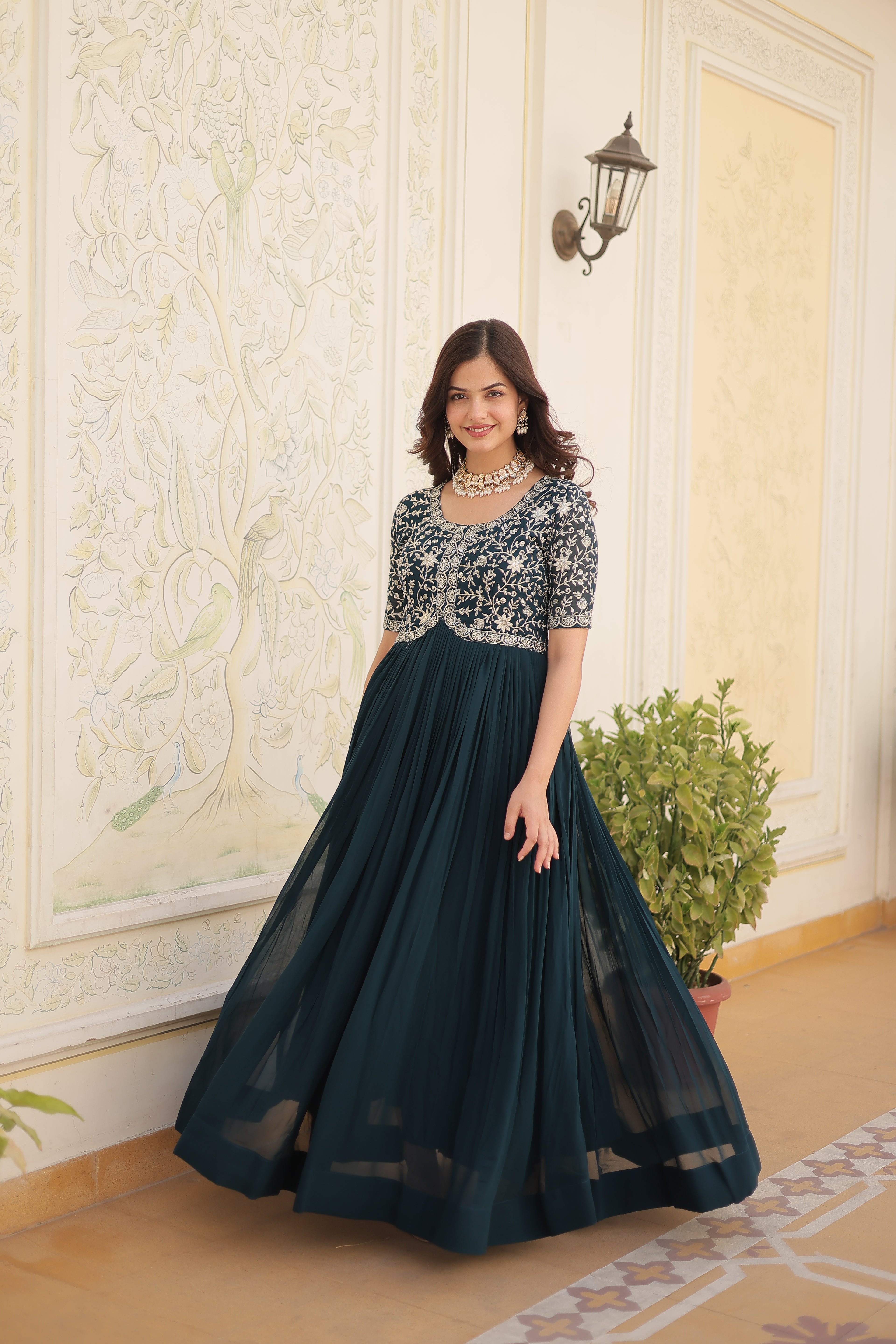 Women’s Rama Georgette Gown – Elegant Designer Wear with Embroidered Detailing