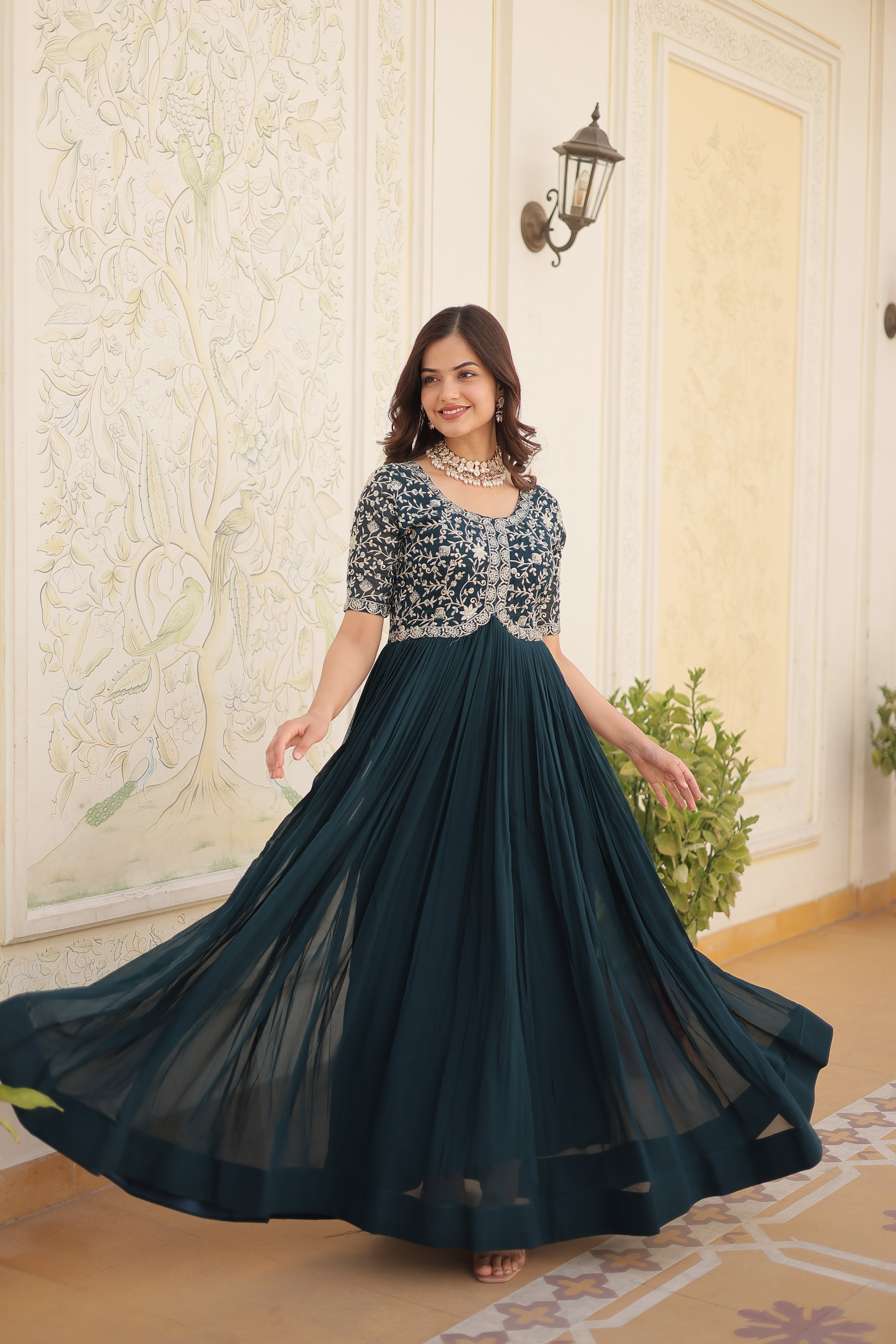 Women’s Rama Georgette Gown – Elegant Designer Wear with Embroidered Detailing