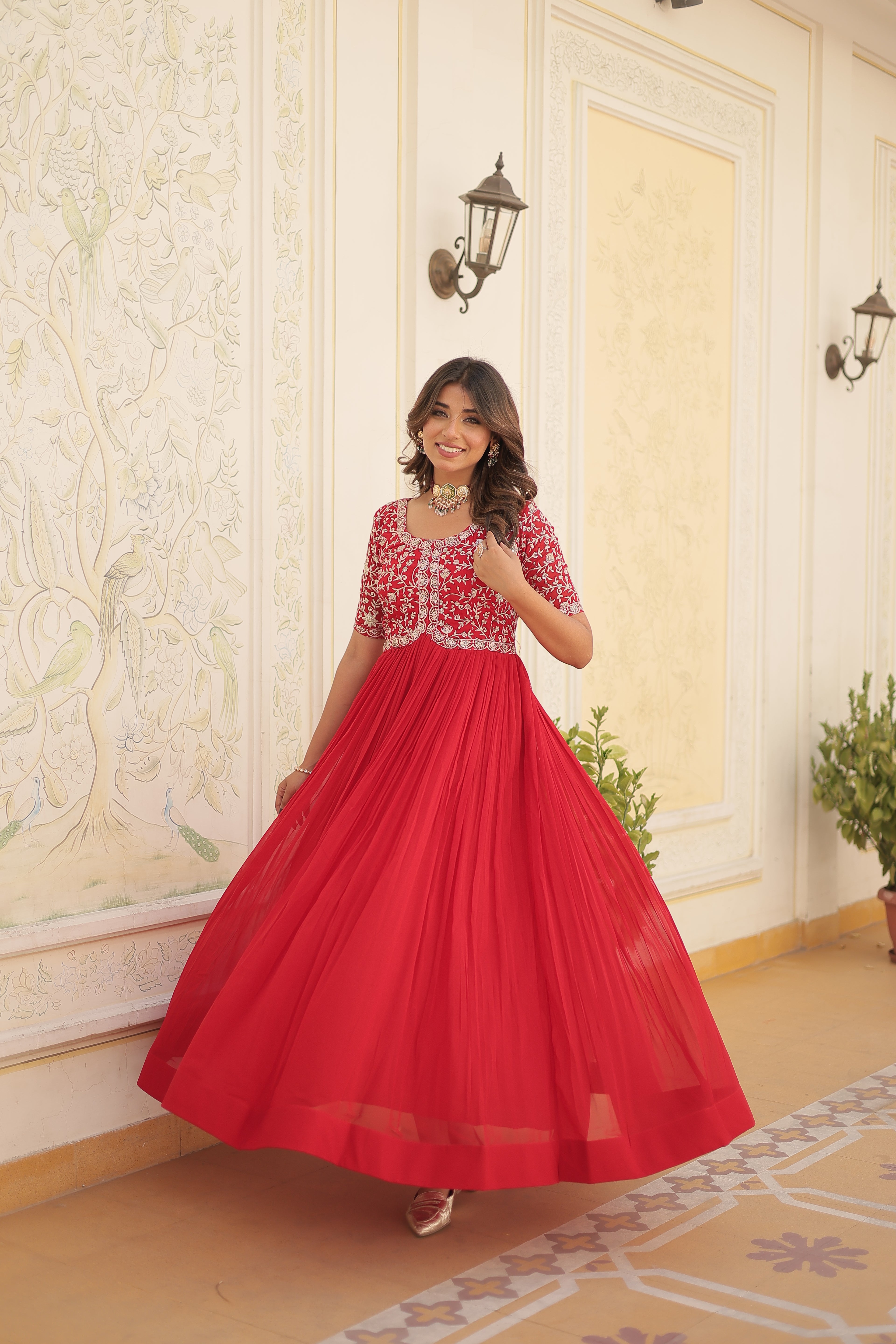 Women’s Red Georgette Gown – Elegant Designer Wear with Embroidered Detailing