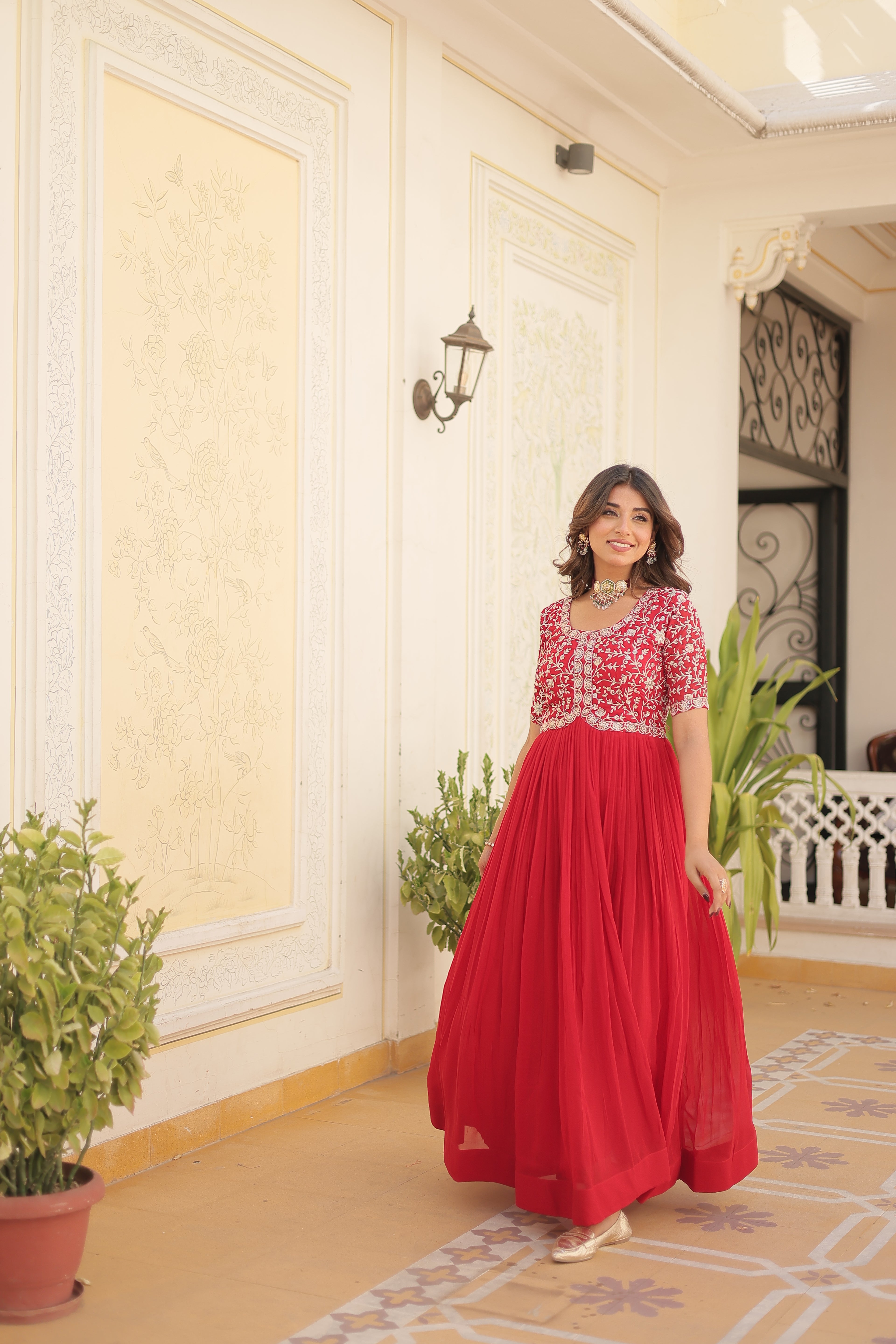 Women’s Red Georgette Gown – Elegant Designer Wear with Embroidered Detailing