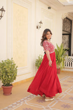 Women’s Red Georgette Gown – Elegant Designer Wear with Embroidered Detailing
