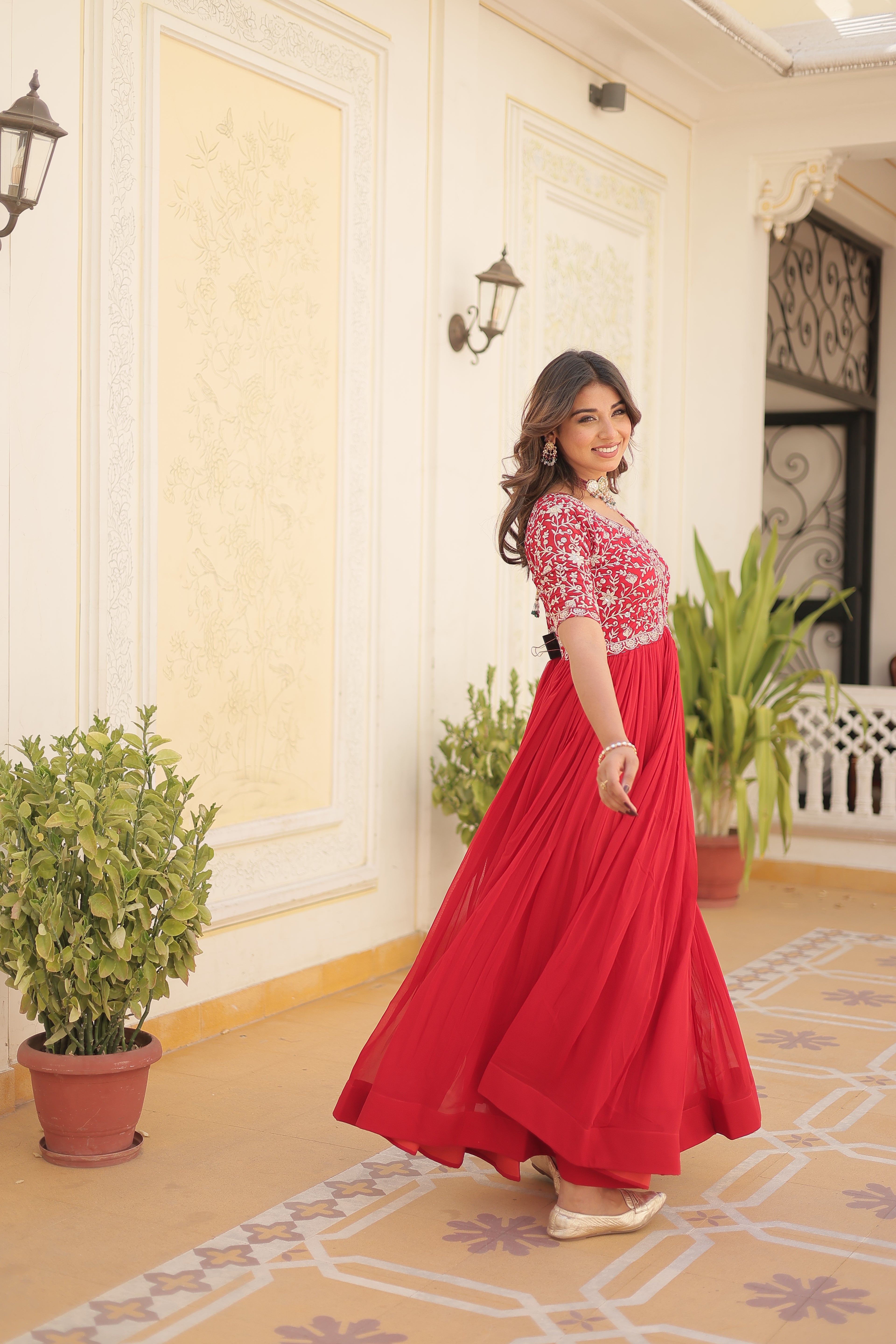 Women’s Red Georgette Gown – Elegant Designer Wear with Embroidered Detailing