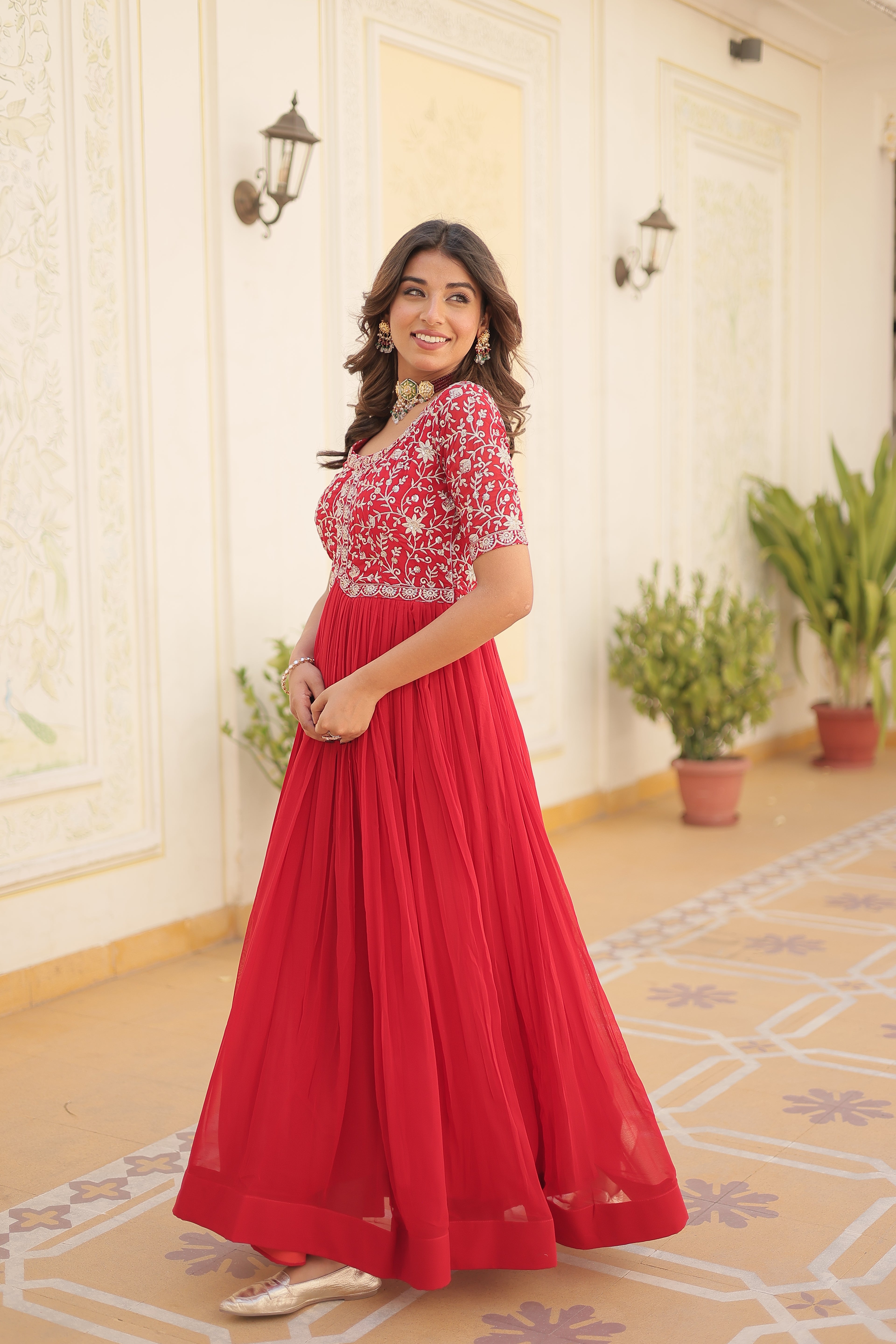 Women’s Red Georgette Gown – Elegant Designer Wear with Embroidered Detailing