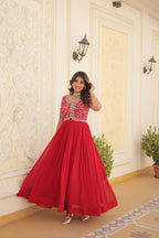 Women’s Red Georgette Gown – Elegant Designer Wear with Embroidered Detailing