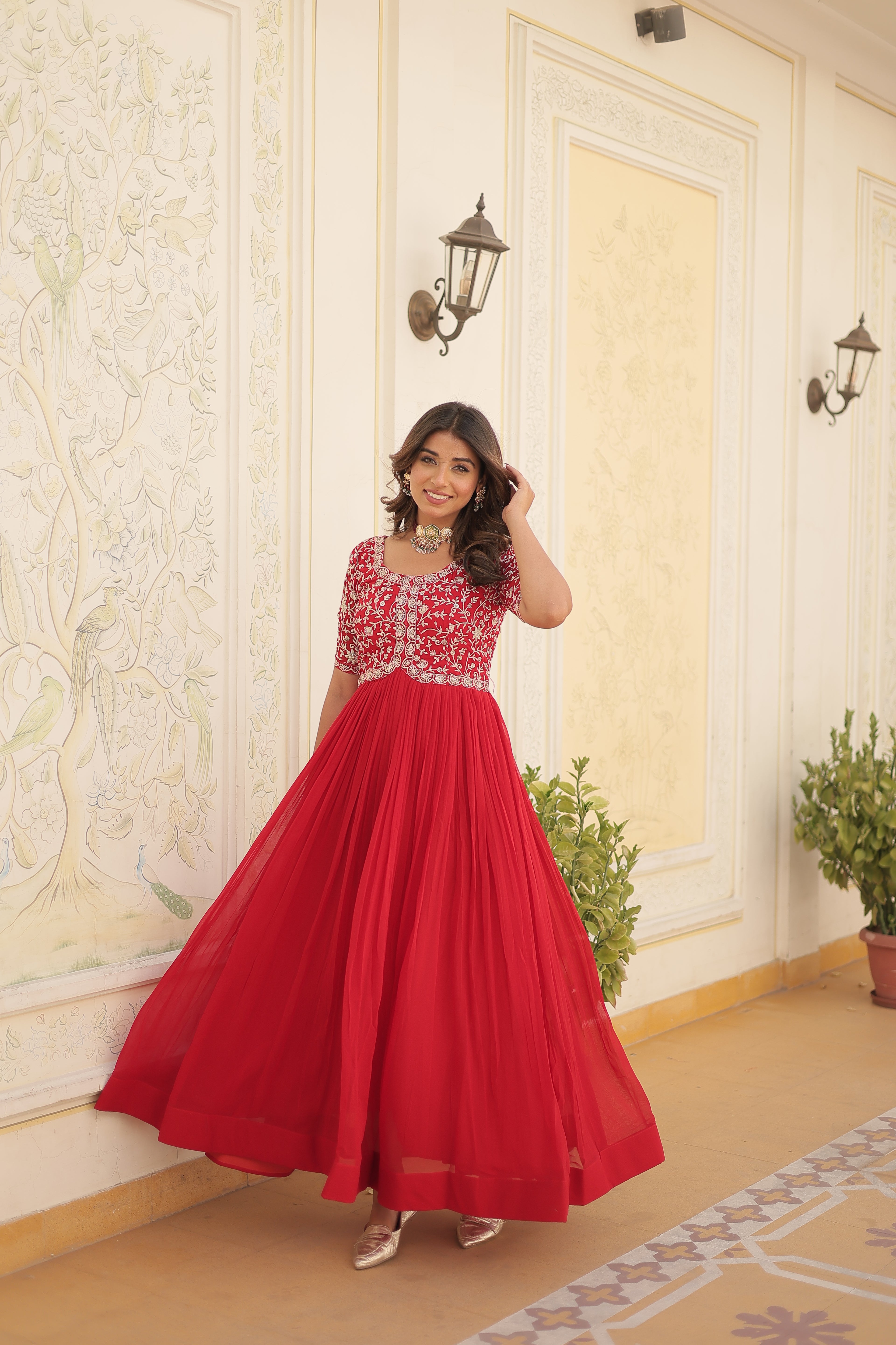 Women’s Red Georgette Gown – Elegant Designer Wear with Embroidered Detailing
