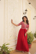 Women’s Red Georgette Gown – Elegant Designer Wear with Embroidered Detailing