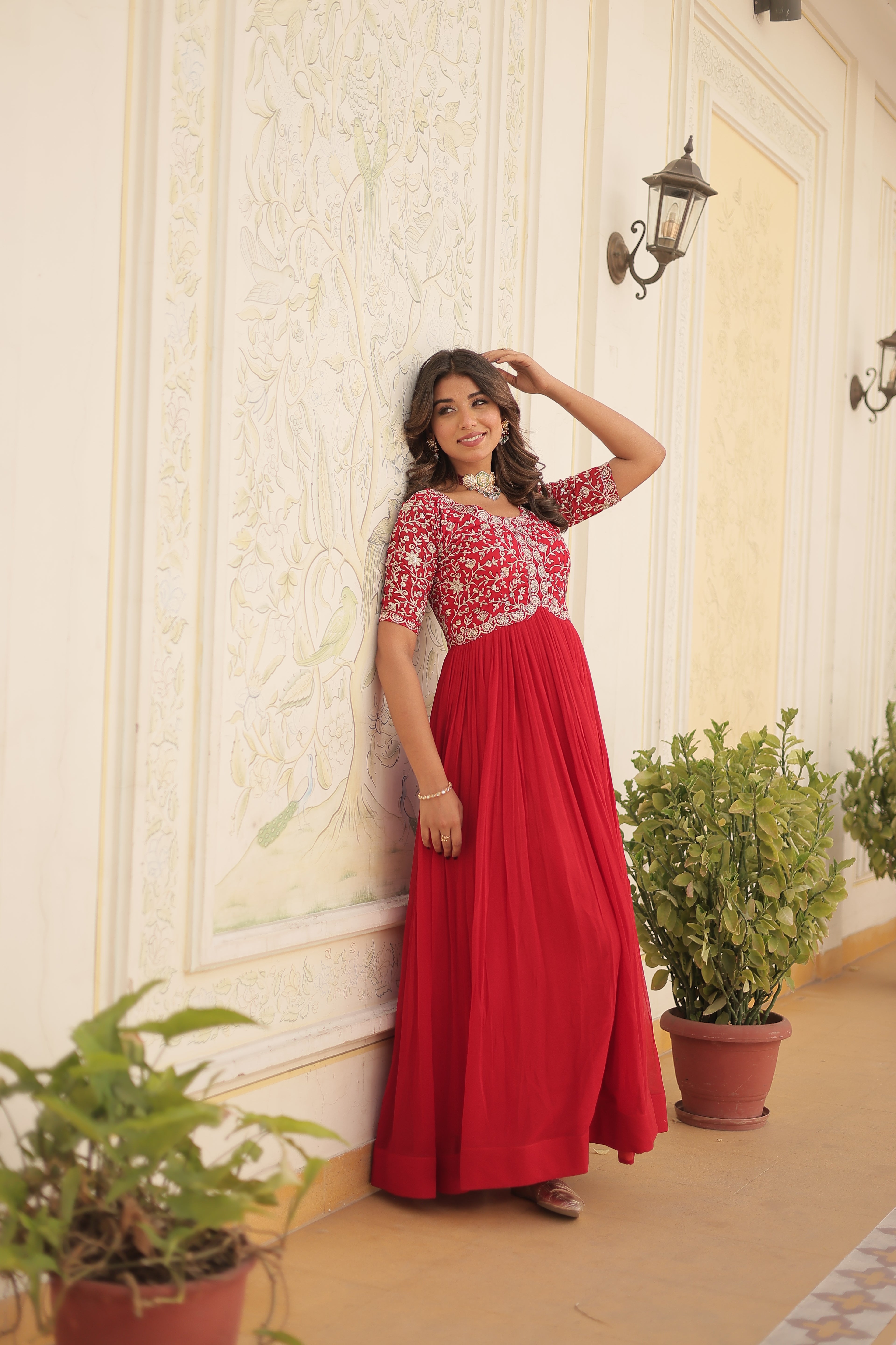 Women’s Red Georgette Gown – Elegant Designer Wear with Embroidered Detailing