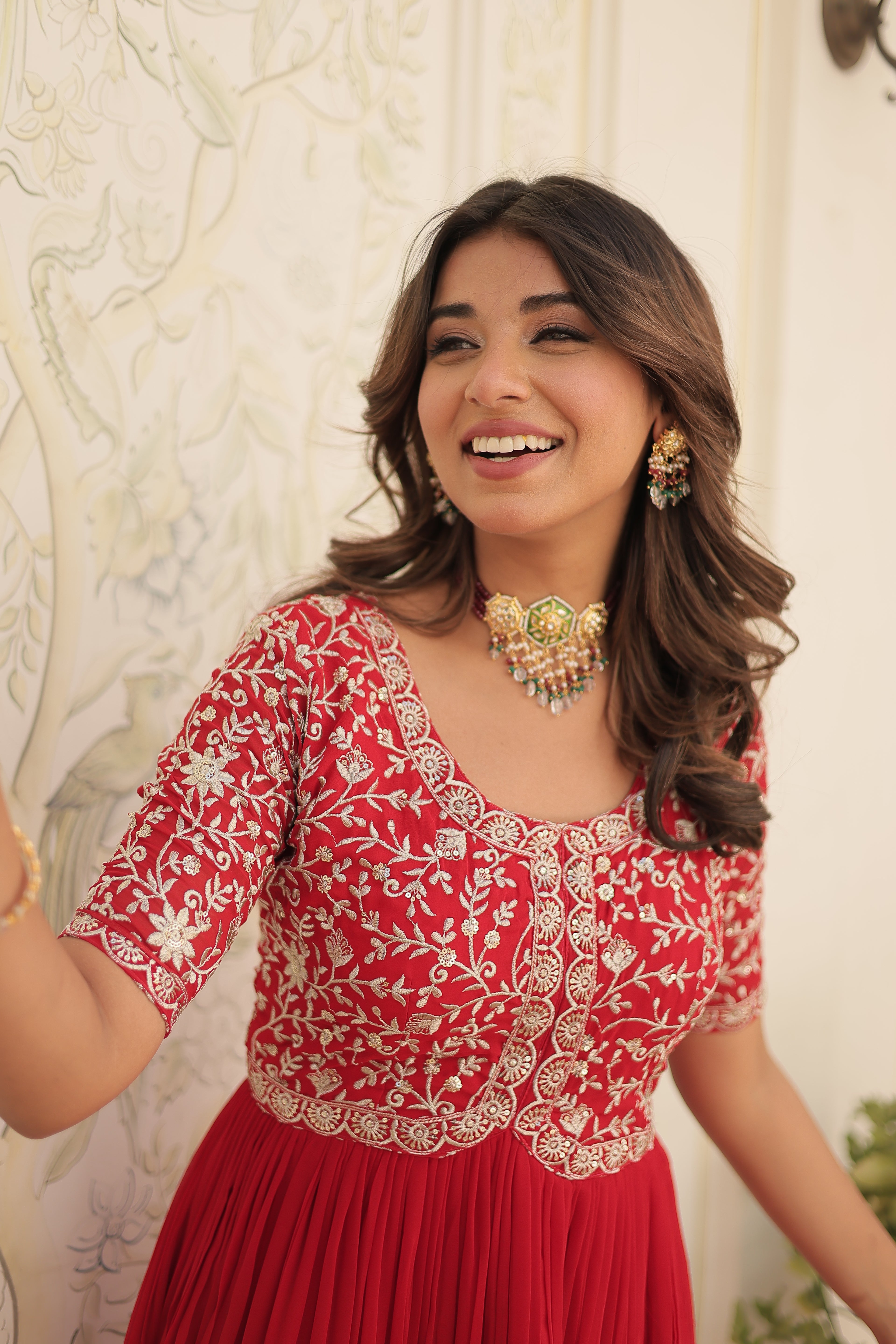 Women’s Red Georgette Gown – Elegant Designer Wear with Embroidered Detailing
