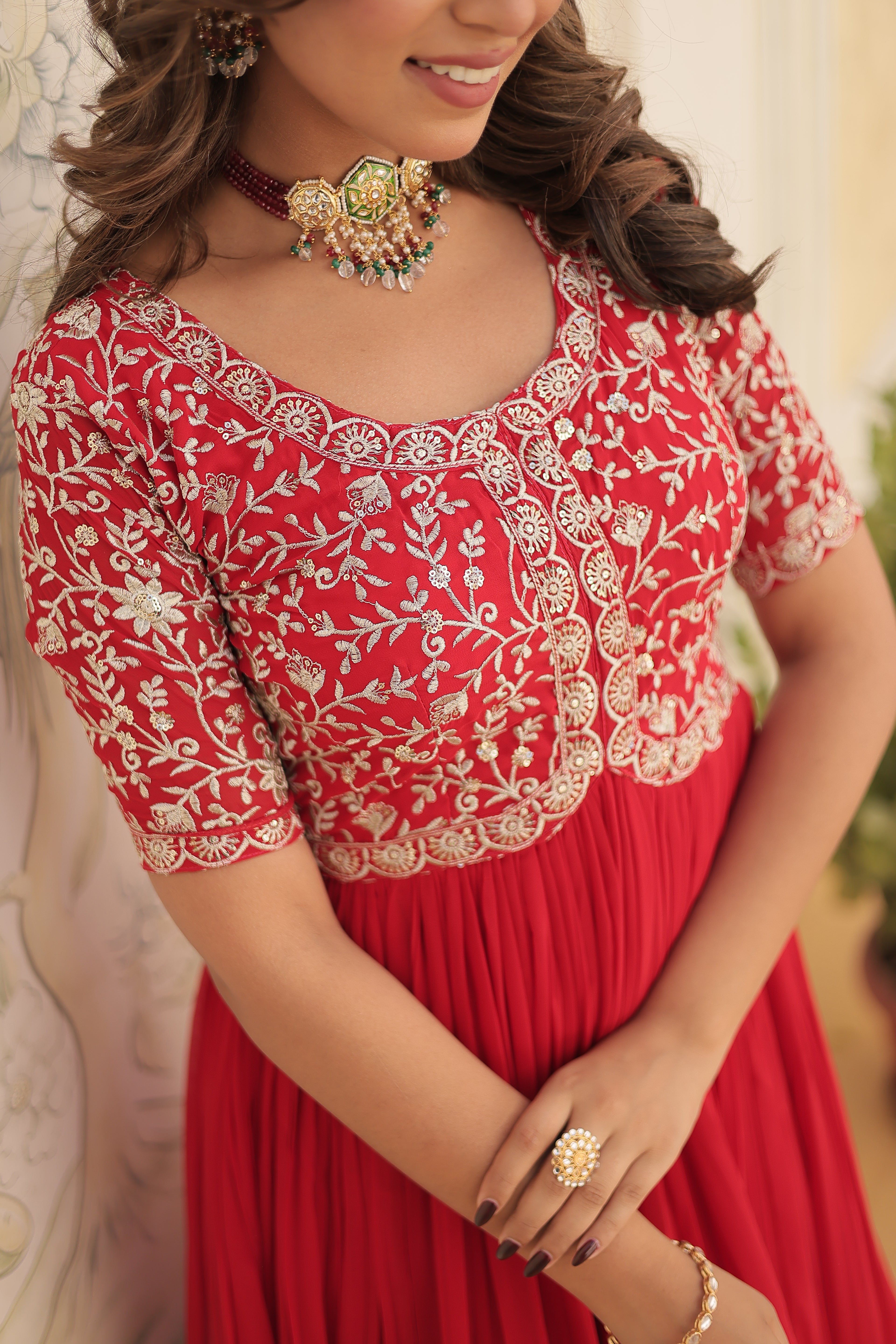 Women’s Red Georgette Gown – Elegant Designer Wear with Embroidered Detailing