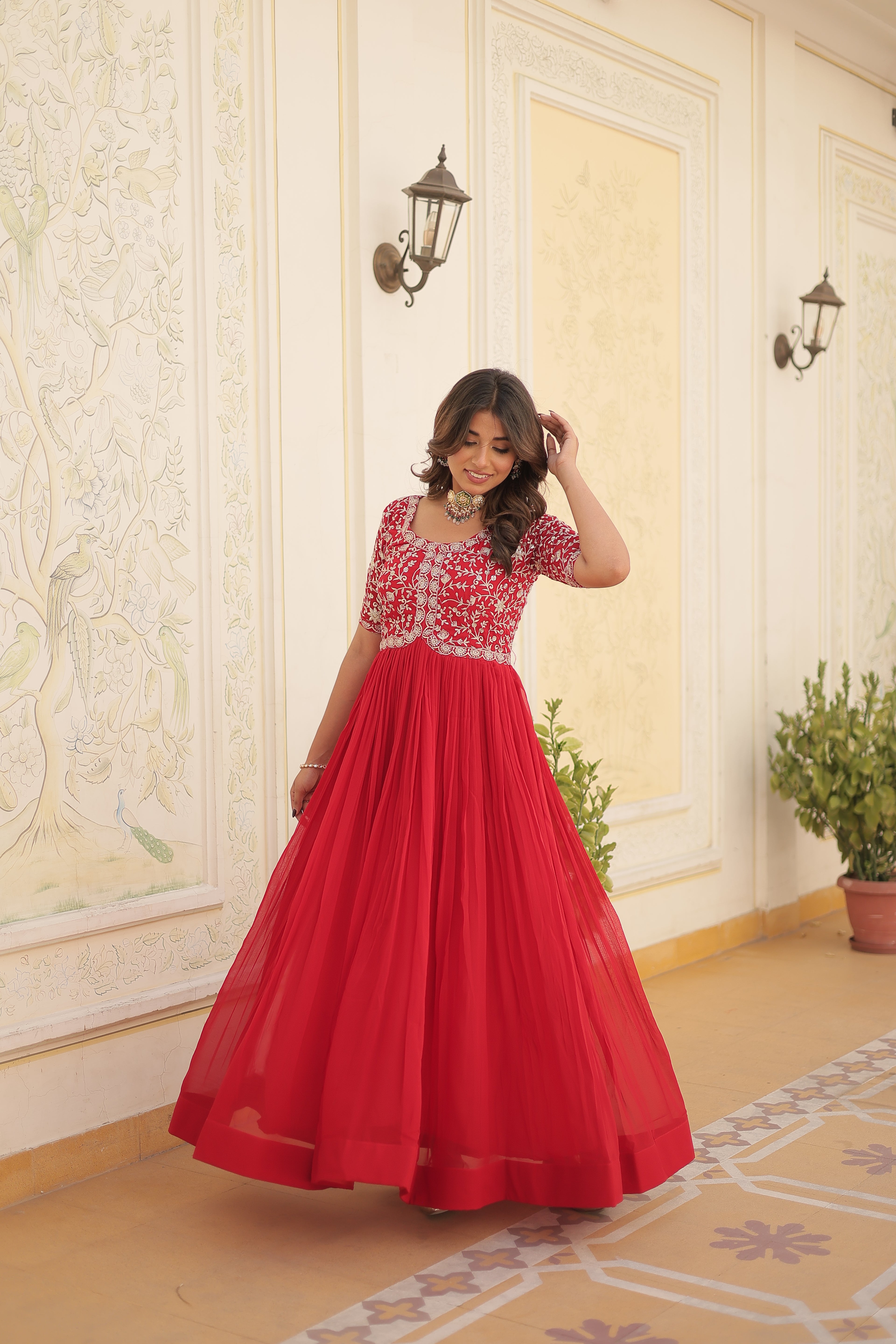 Women’s Red Georgette Gown – Elegant Designer Wear with Embroidered Detailing