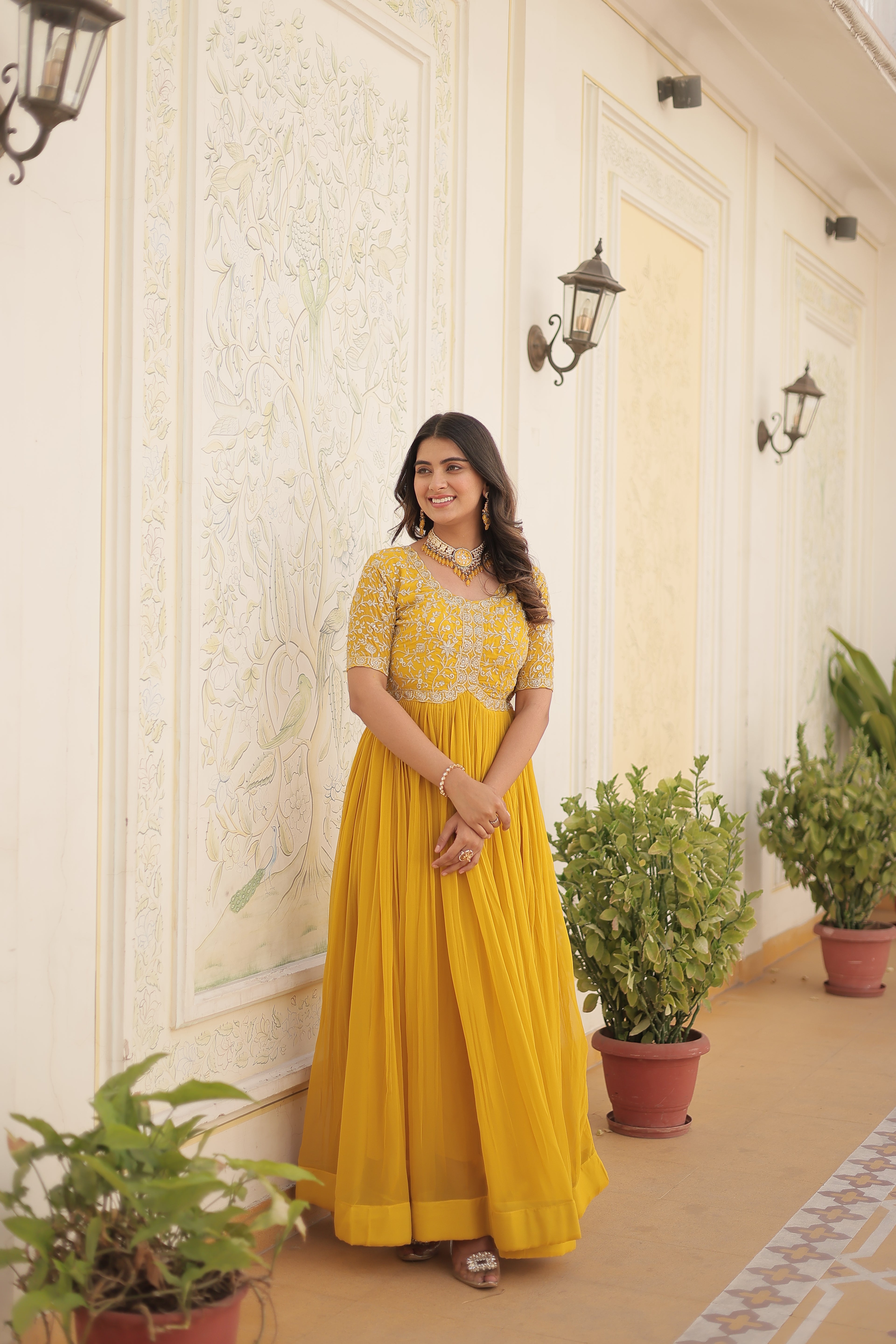 Women’s Yellow Georgette Gown – Elegant Designer Wear with Embroidered Detailing