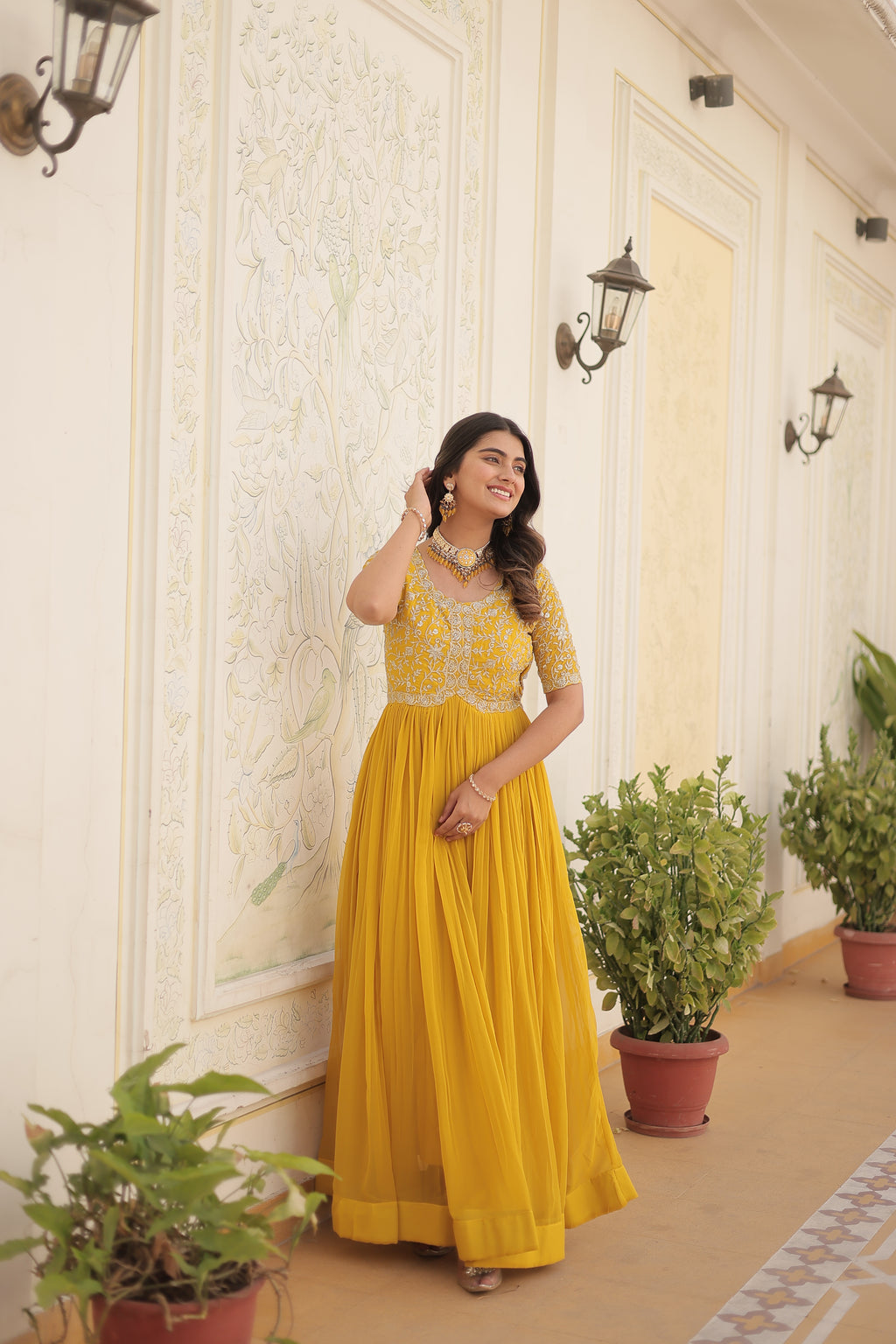 Women’s Yellow Georgette Gown – Elegant Designer Wear with Embroidered Detailing
