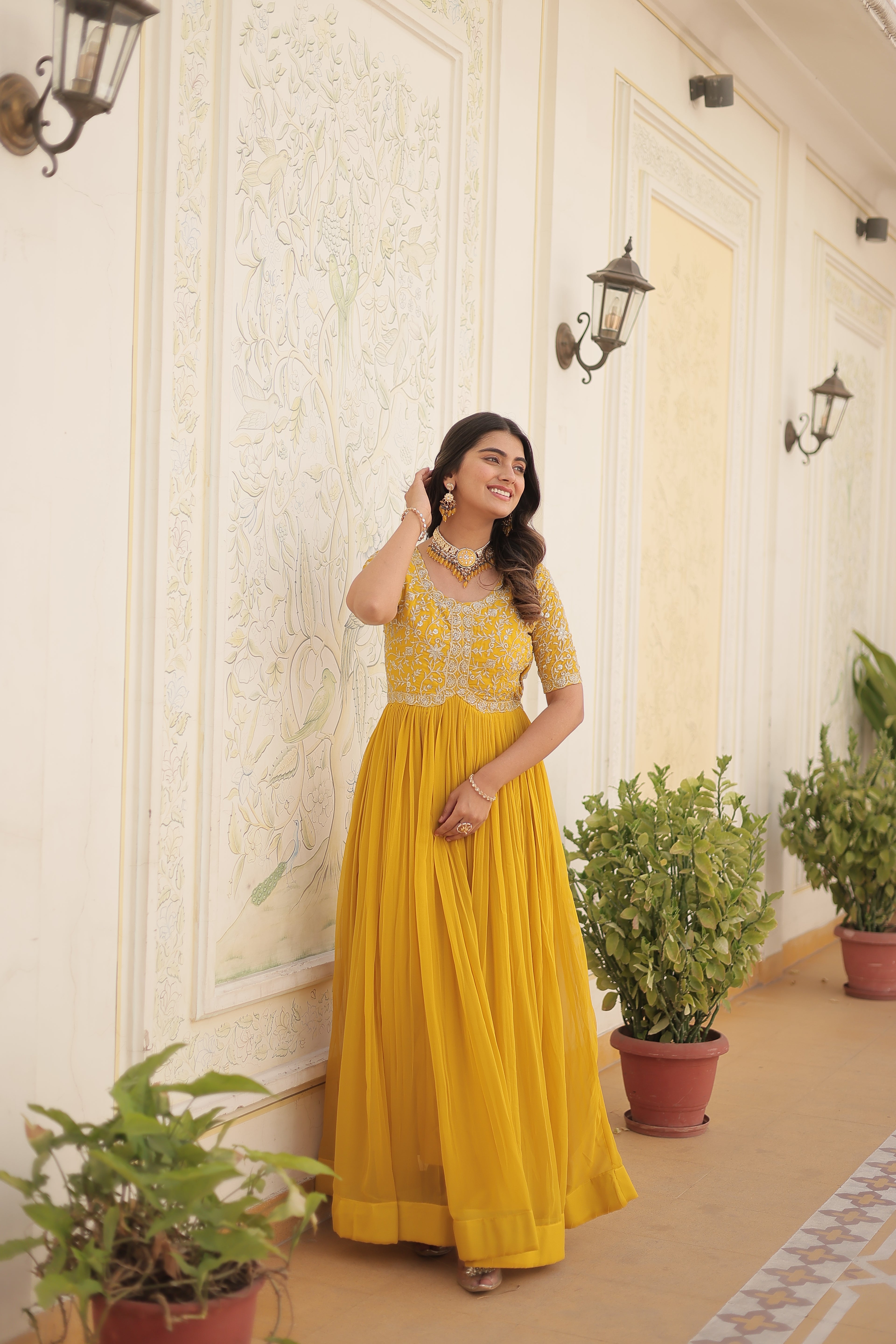 Women’s Yellow Georgette Gown – Elegant Designer Wear with Embroidered Detailing