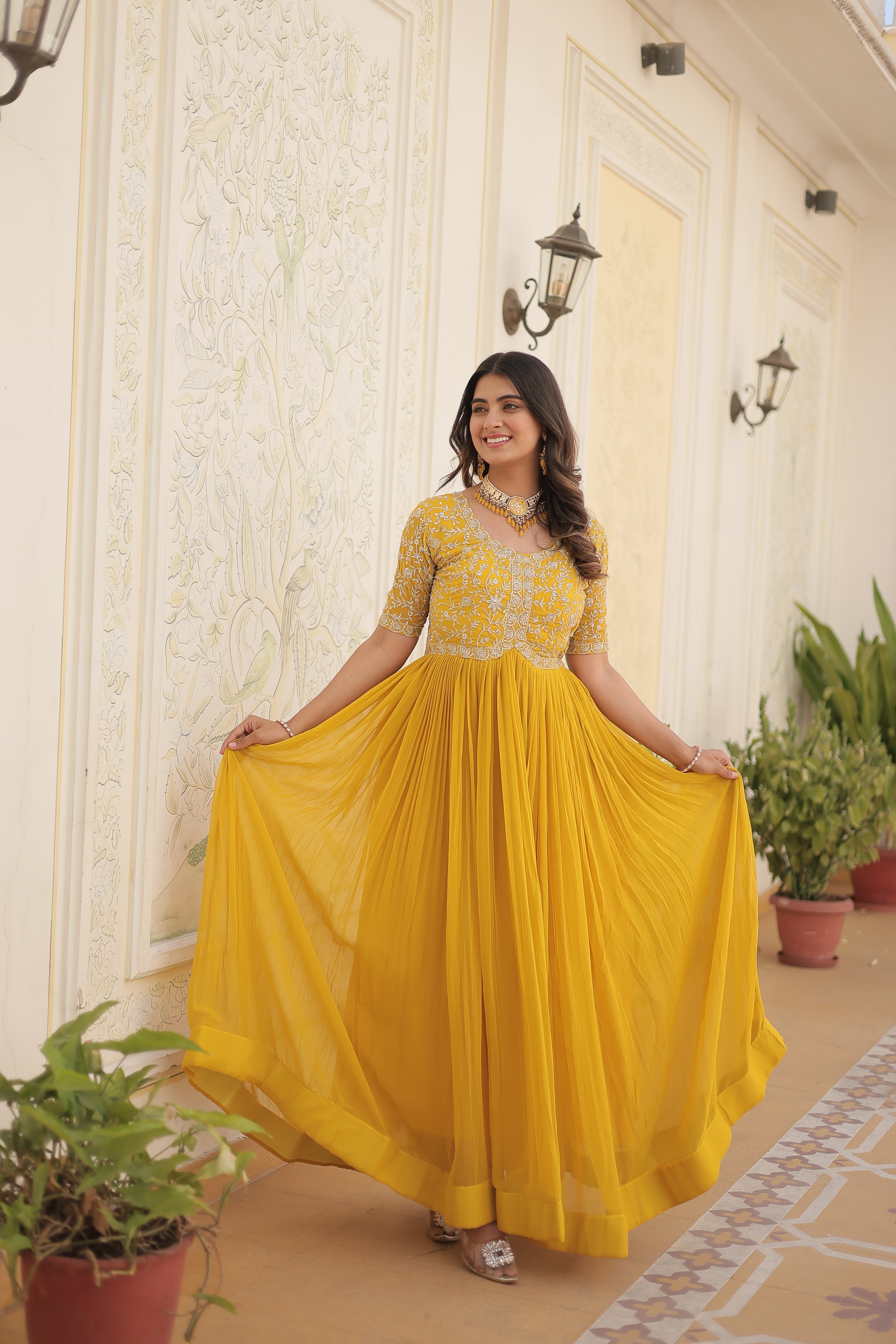 Women’s Yellow Georgette Gown – Elegant Designer Wear with Embroidered Detailing