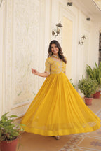 Women’s Yellow Georgette Gown – Elegant Designer Wear with Embroidered Detailing