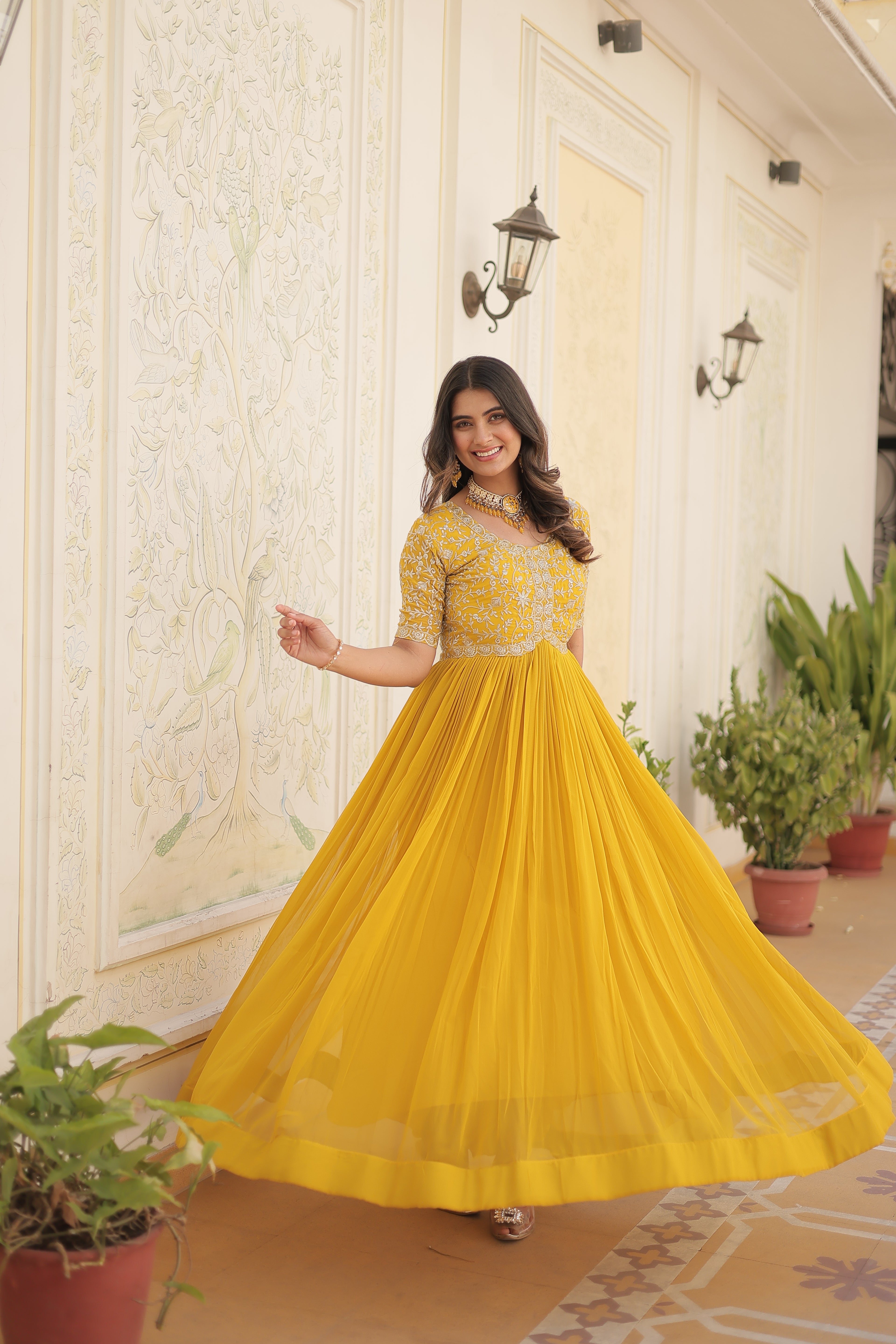 Women’s Yellow Georgette Gown – Elegant Designer Wear with Embroidered Detailing