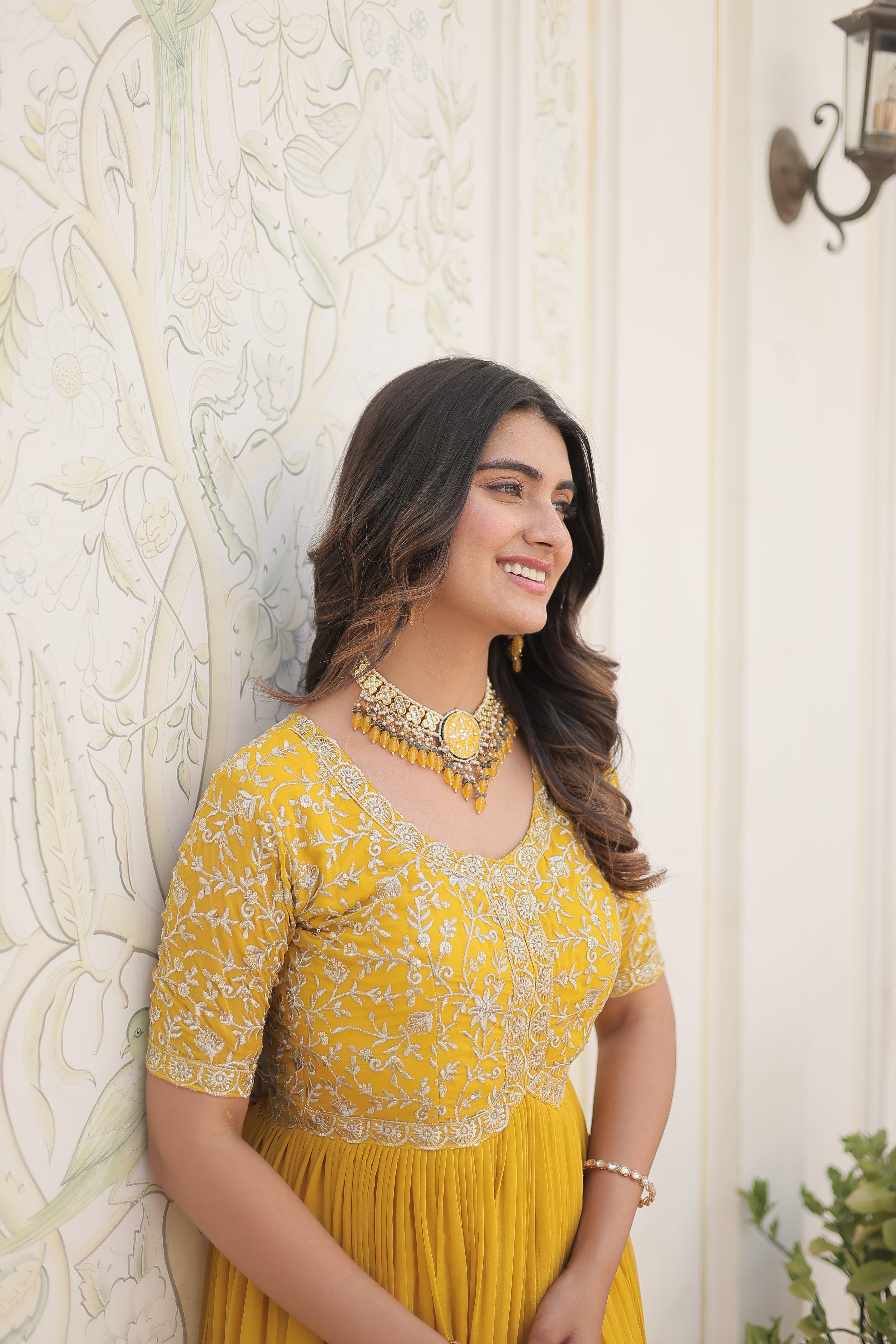 Women’s Yellow Georgette Gown – Elegant Designer Wear with Embroidered Detailing