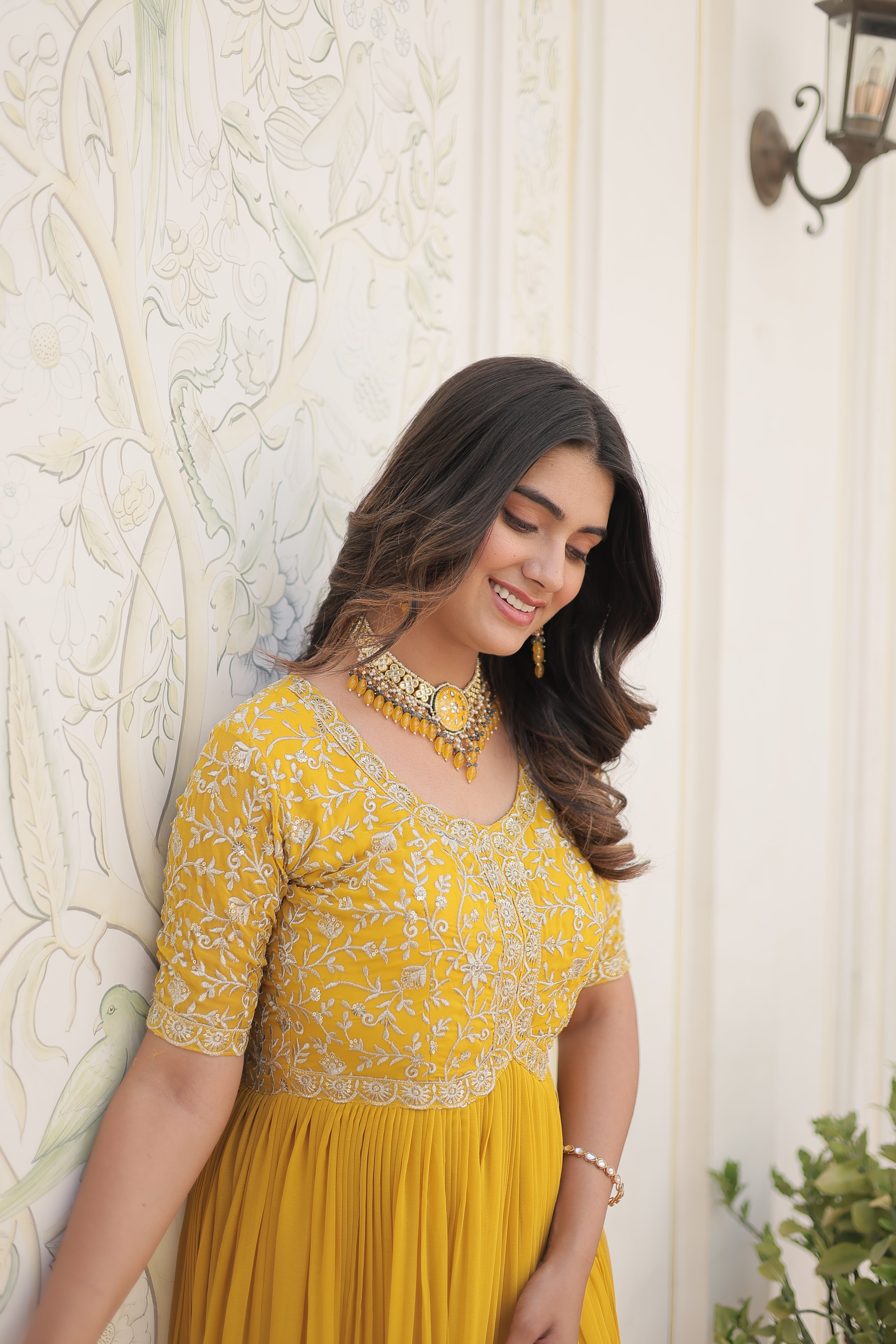 Women’s Yellow Georgette Gown – Elegant Designer Wear with Embroidered Detailing