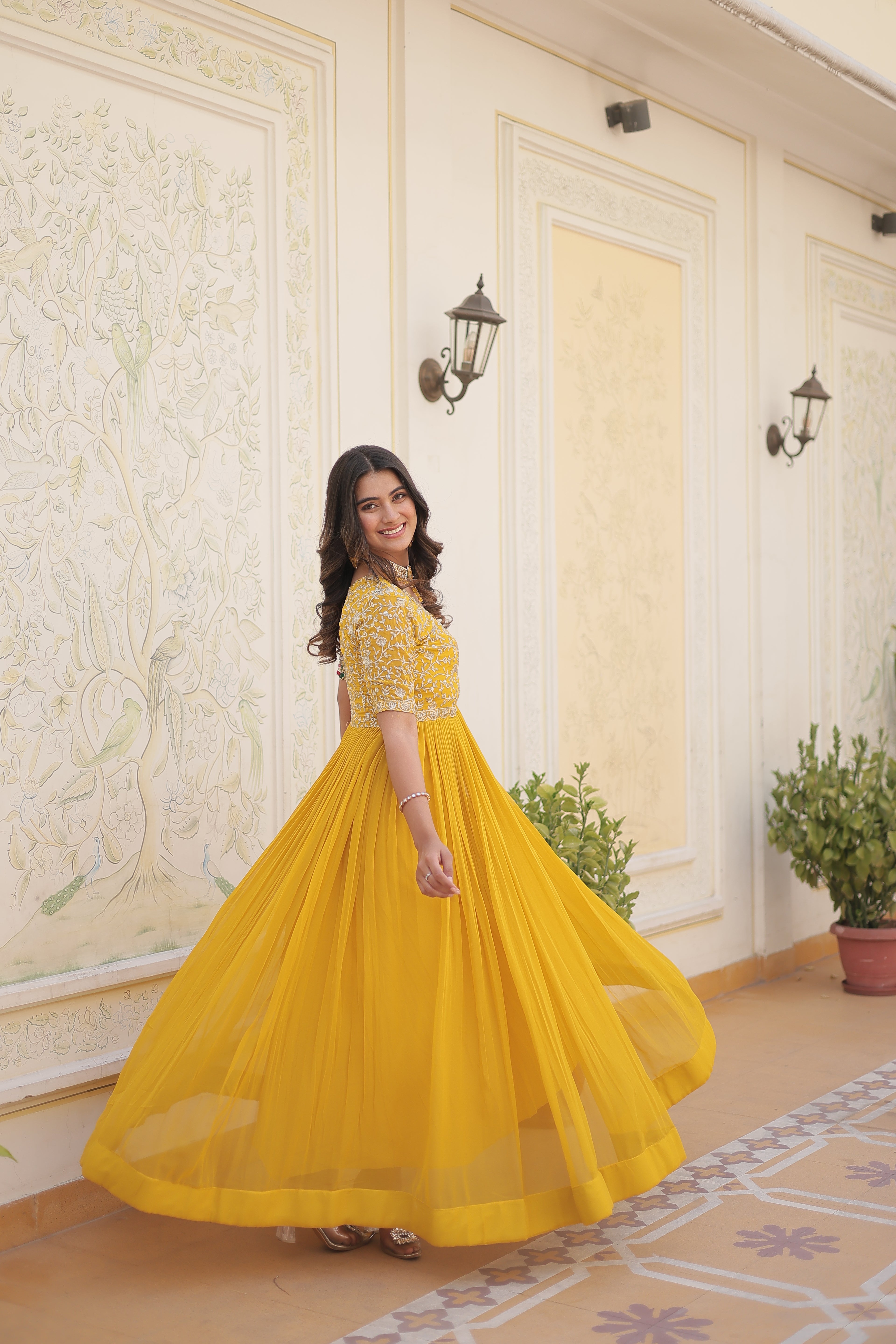 Women’s Yellow Georgette Gown – Elegant Designer Wear with Embroidered Detailing