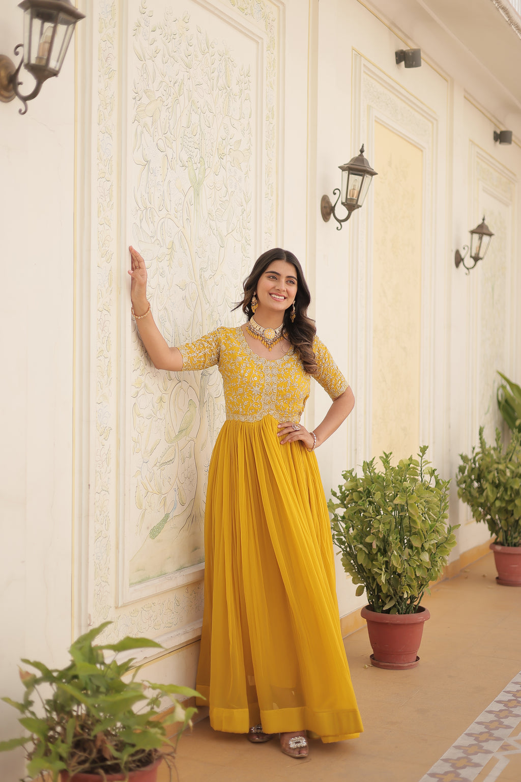 Women’s Yellow Georgette Gown – Elegant Designer Wear with Embroidered Detailing