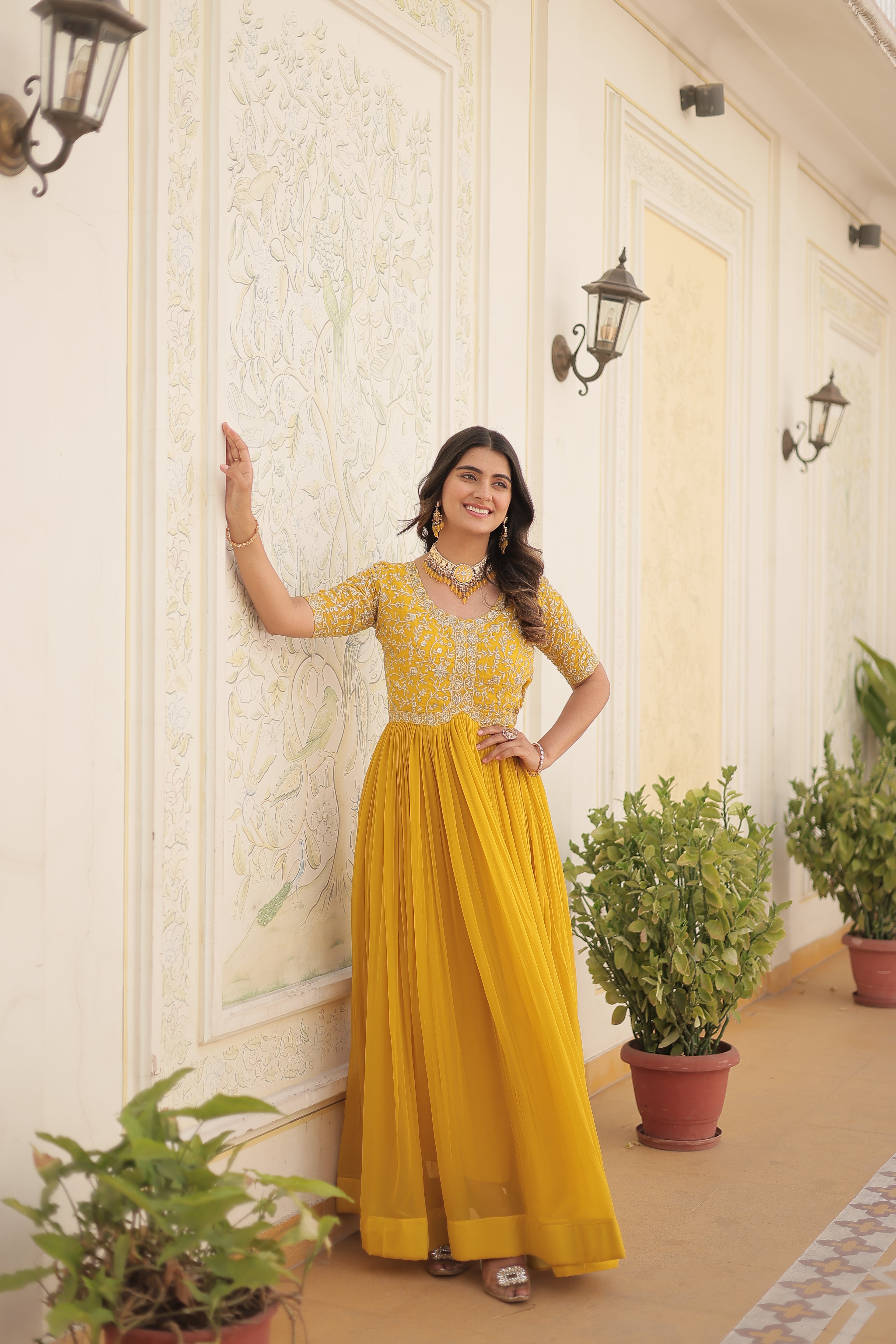 Women’s Yellow Georgette Gown – Elegant Designer Wear with Embroidered Detailing
