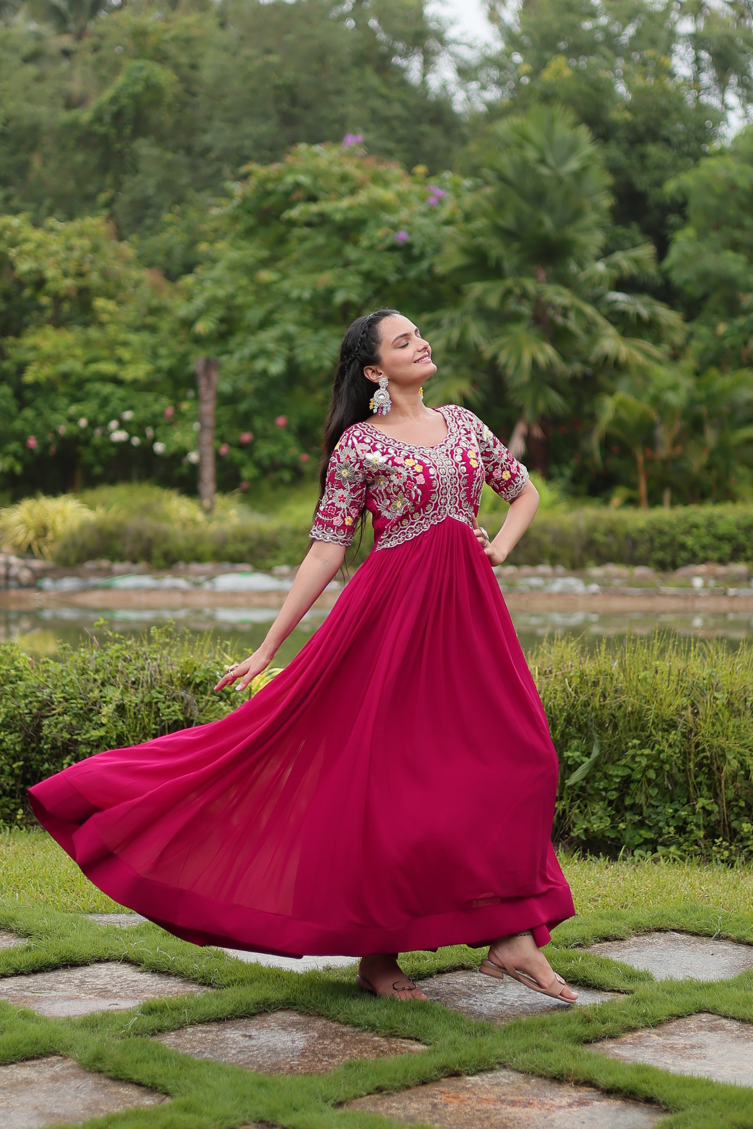 Women’s Pink Georgette Gown – Elegant Designer Wear with Embroidered Detailing