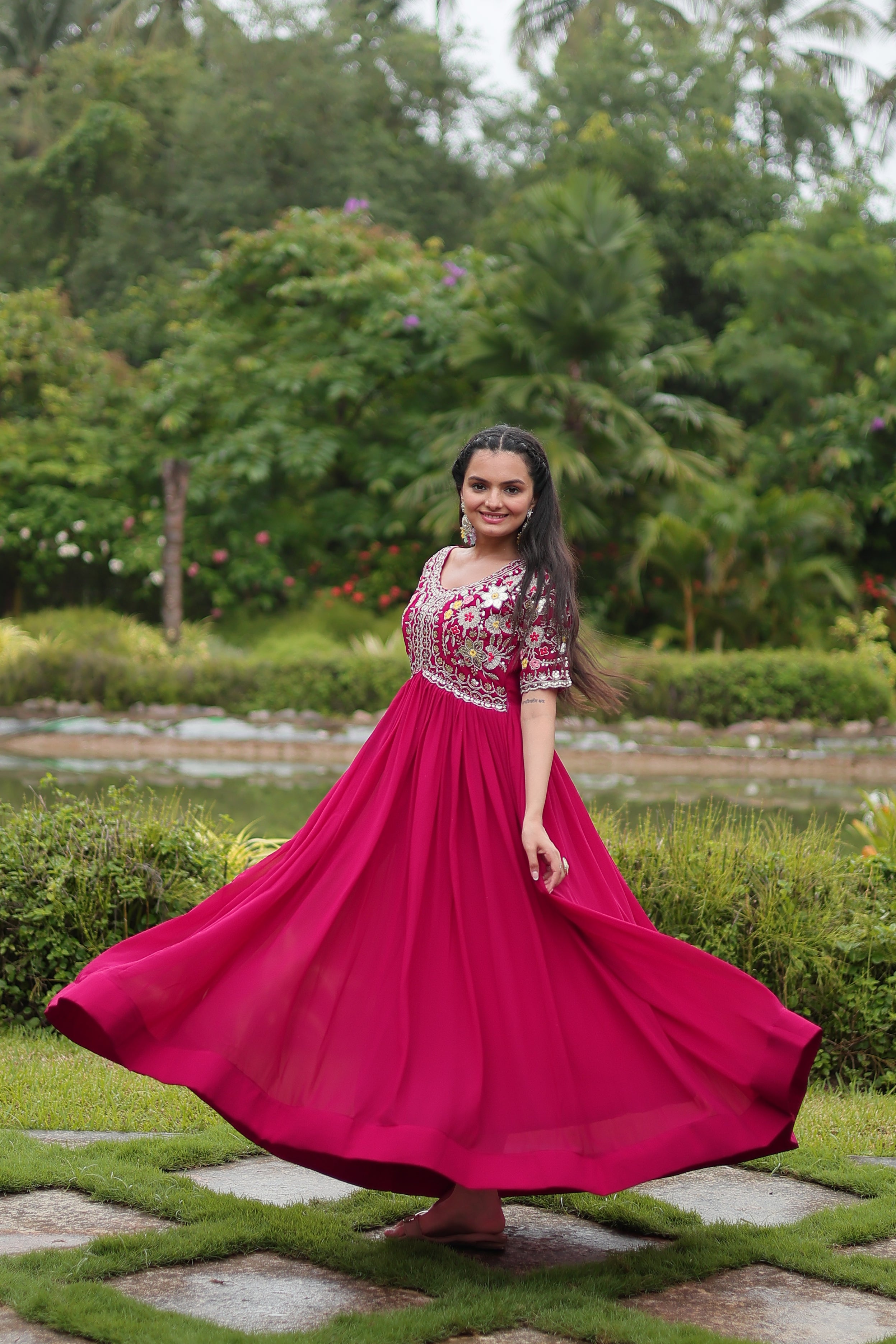 Women’s Pink Georgette Gown – Elegant Designer Wear with Embroidered Detailing