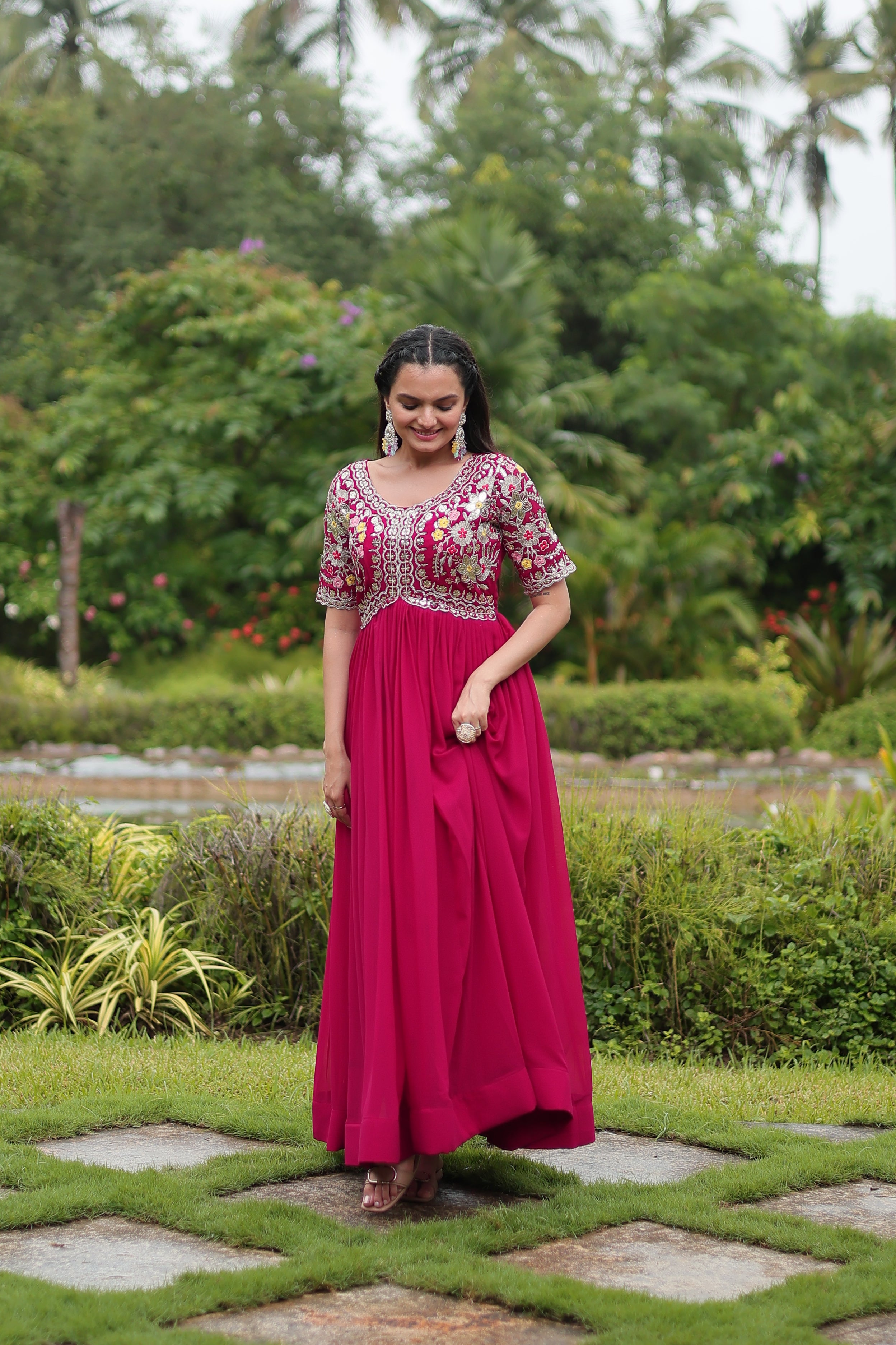 Women’s Pink Georgette Gown – Elegant Designer Wear with Embroidered Detailing