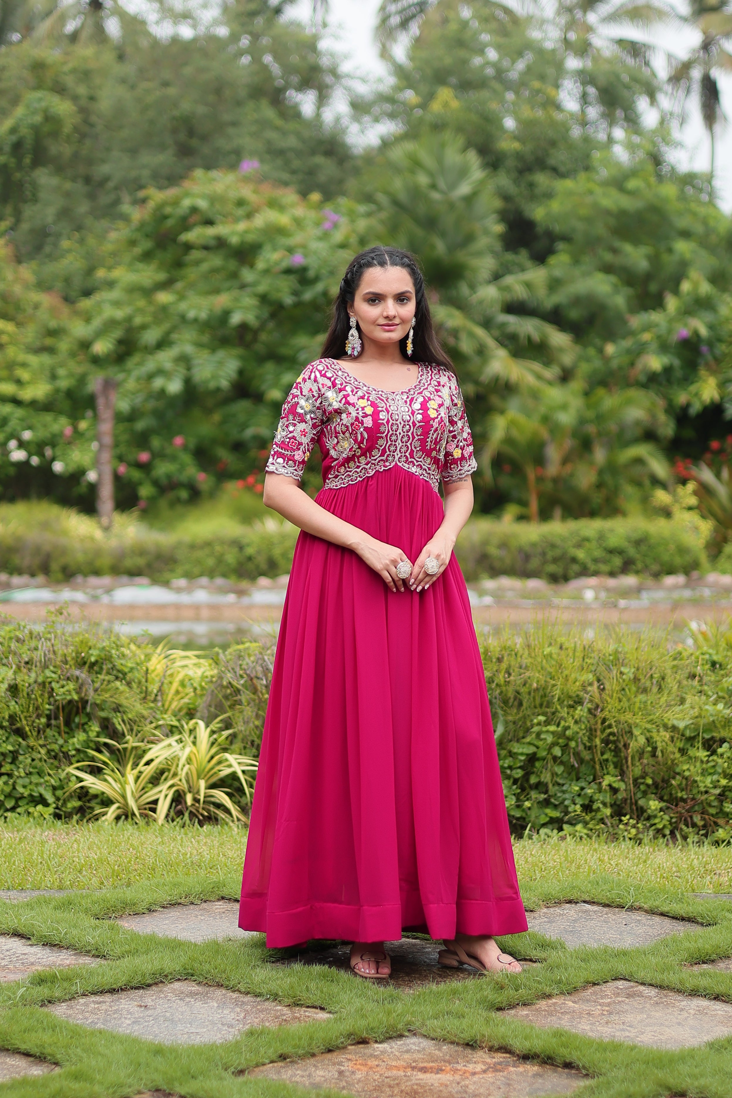Women’s Pink Georgette Gown – Elegant Designer Wear with Embroidered Detailing