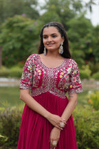 Women’s Pink Georgette Gown – Elegant Designer Wear with Embroidered Detailing