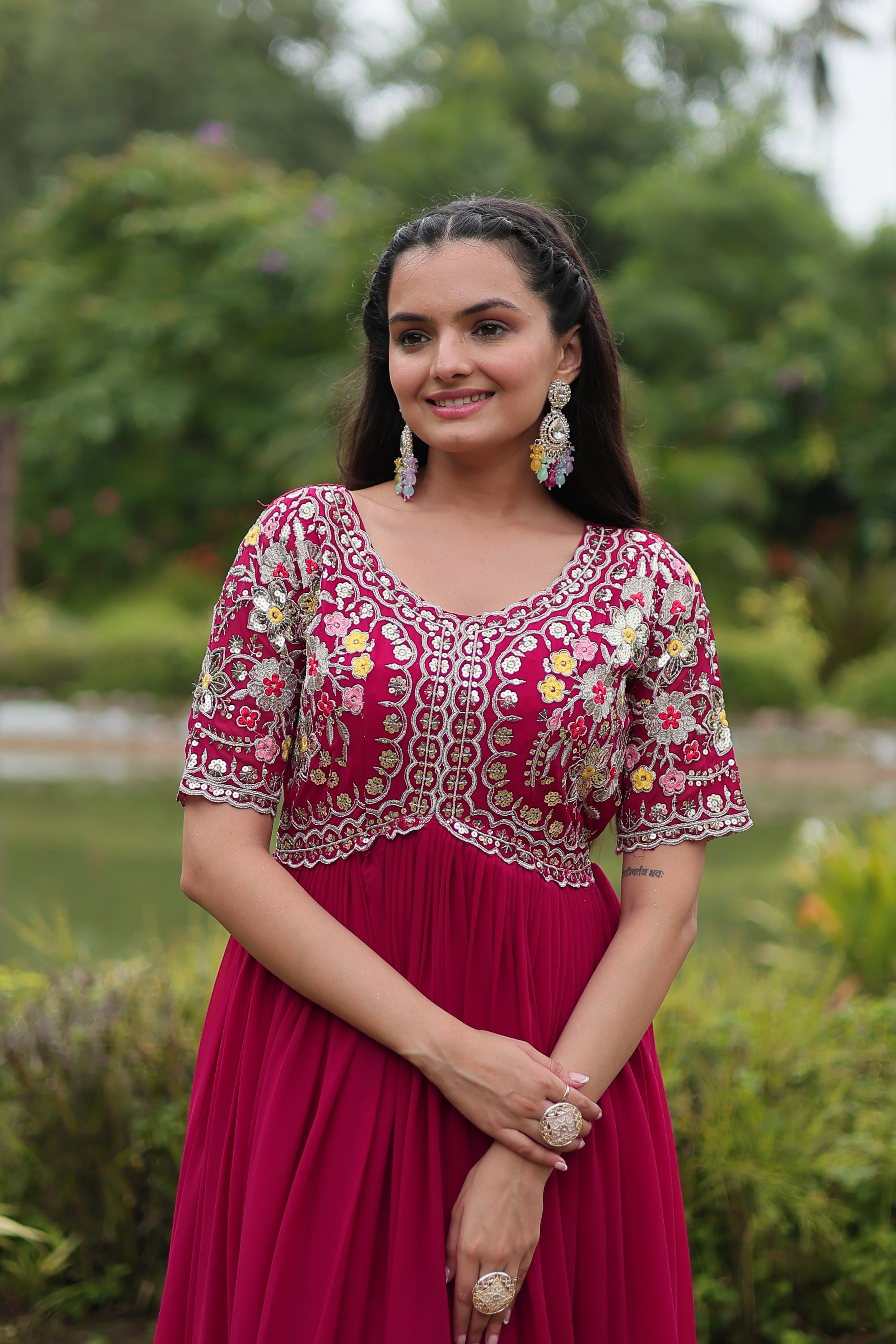 Women’s Pink Georgette Gown – Elegant Designer Wear with Embroidered Detailing