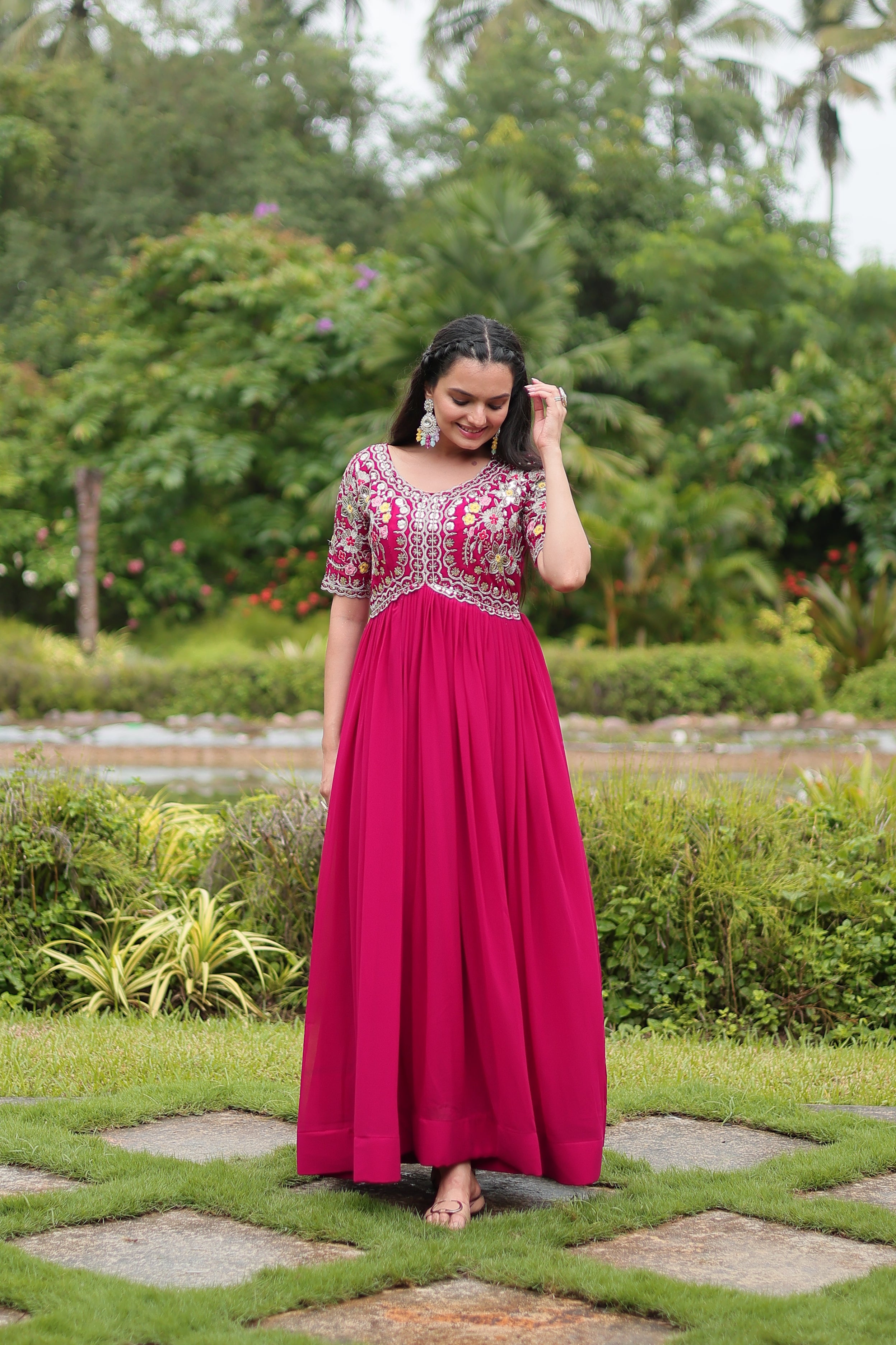 Women’s Pink Georgette Gown – Elegant Designer Wear with Embroidered Detailing