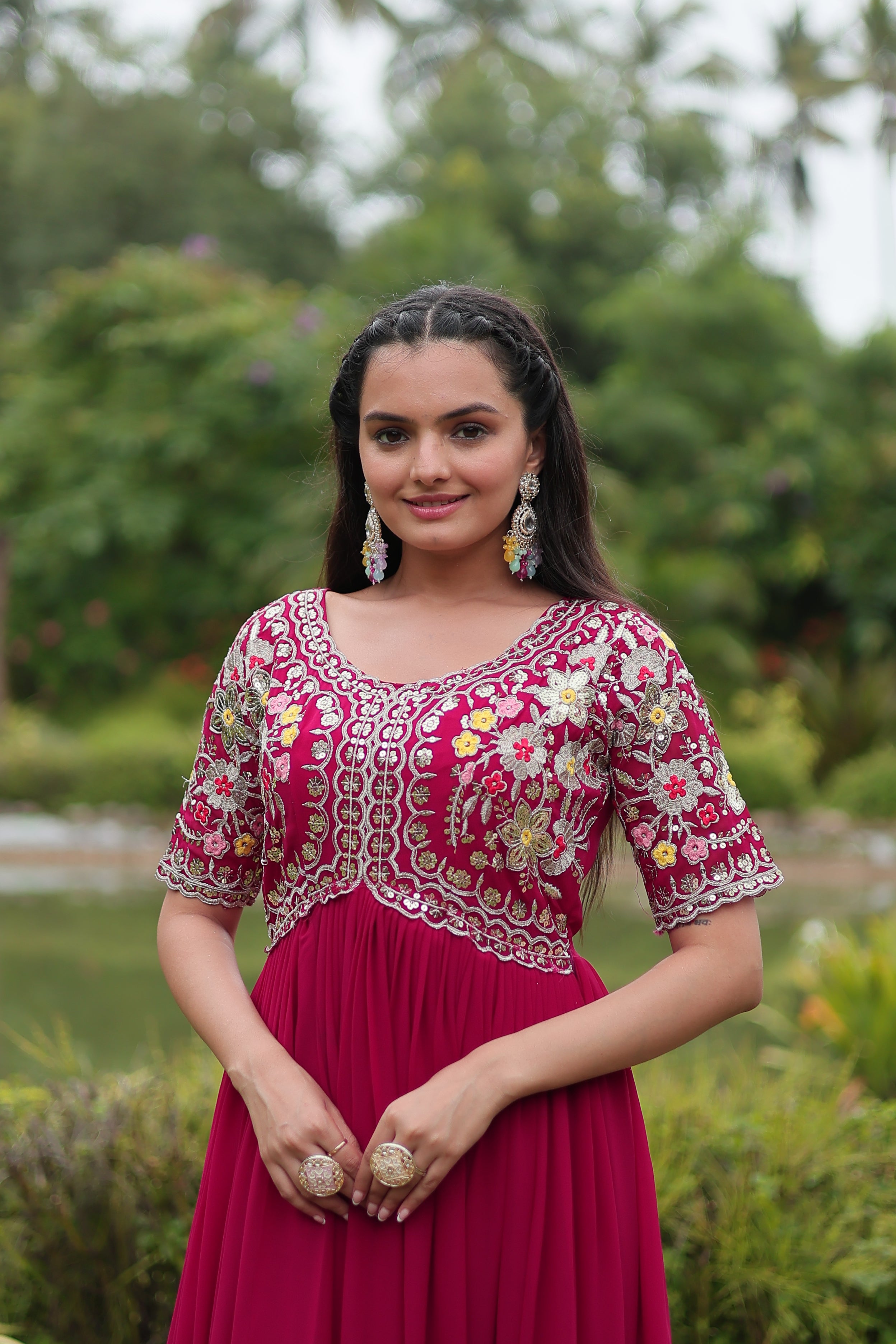 Women’s Pink Georgette Gown – Elegant Designer Wear with Embroidered Detailing