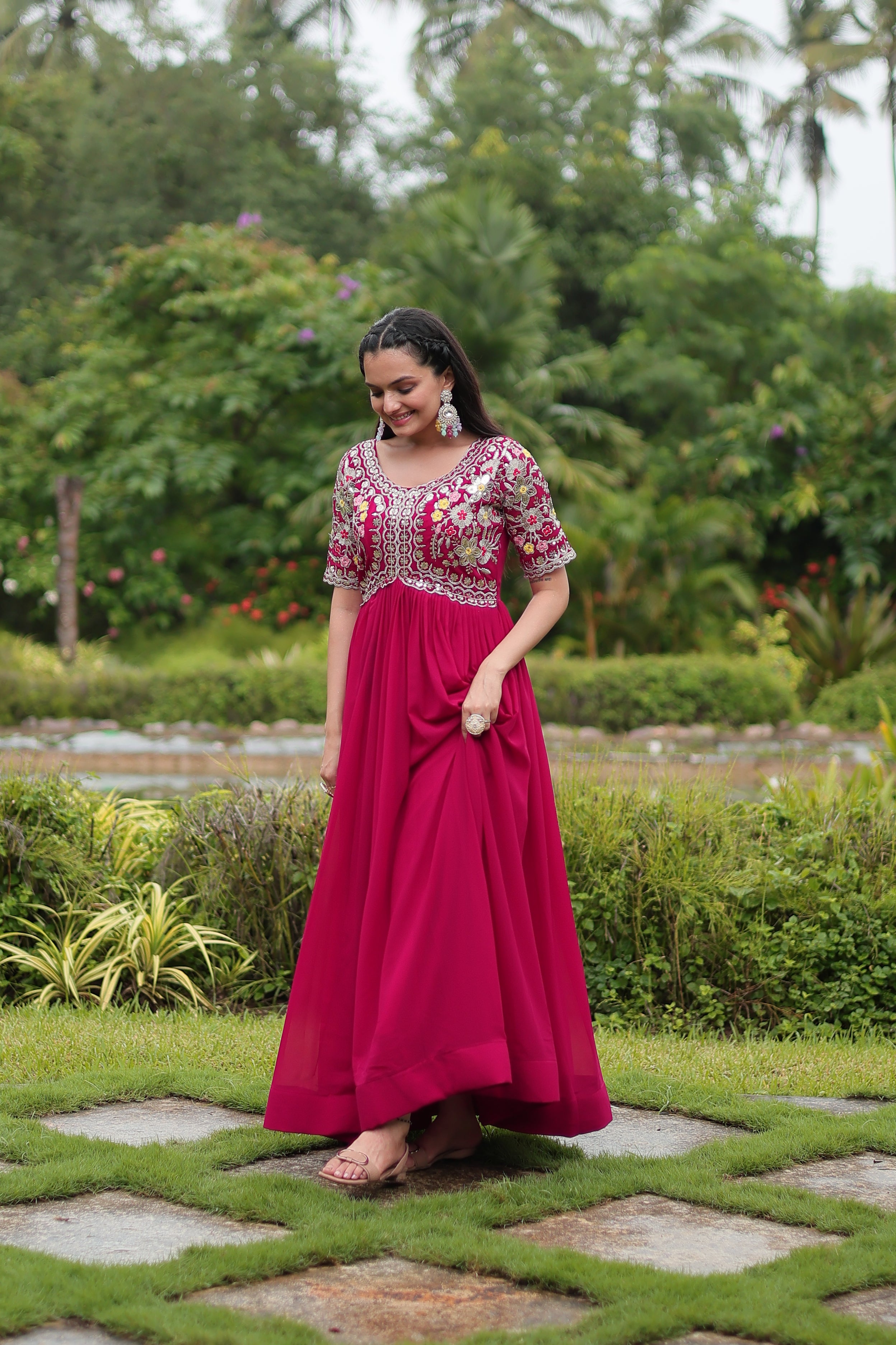 Women’s Pink Georgette Gown – Elegant Designer Wear with Embroidered Detailing
