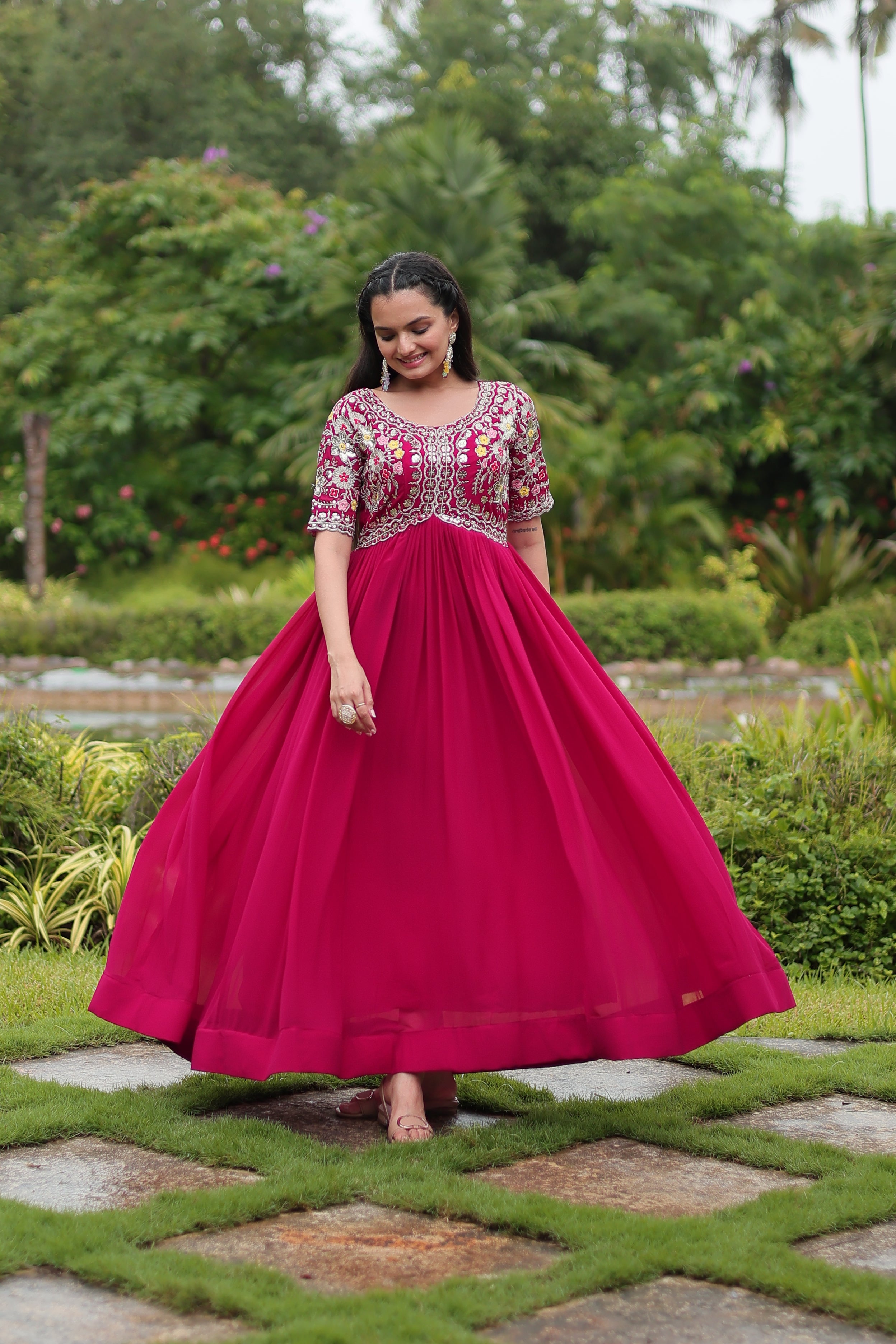 Women’s Pink Georgette Gown – Elegant Designer Wear with Embroidered Detailing