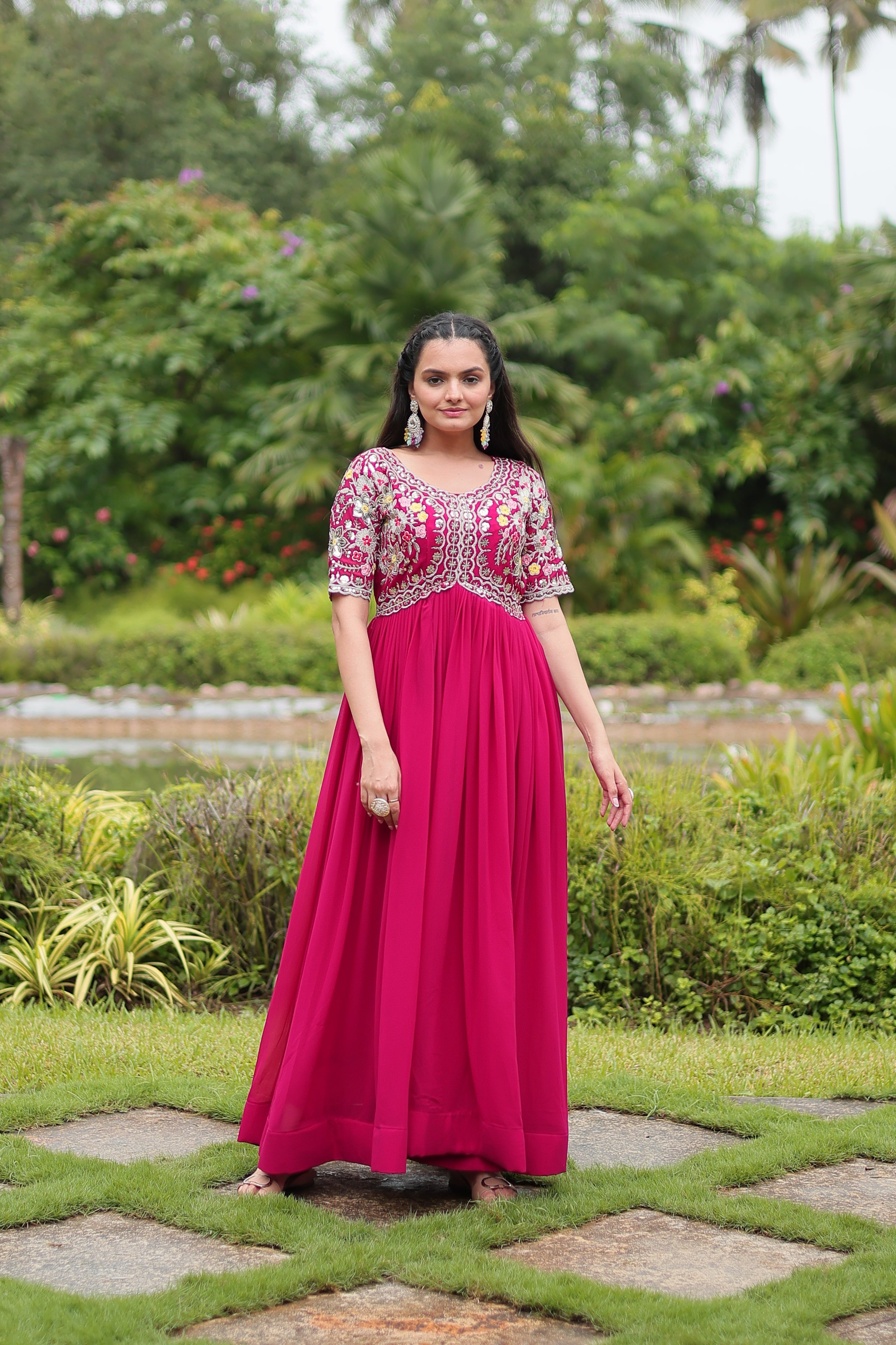 Women’s Pink Georgette Gown – Elegant Designer Wear with Embroidered Detailing