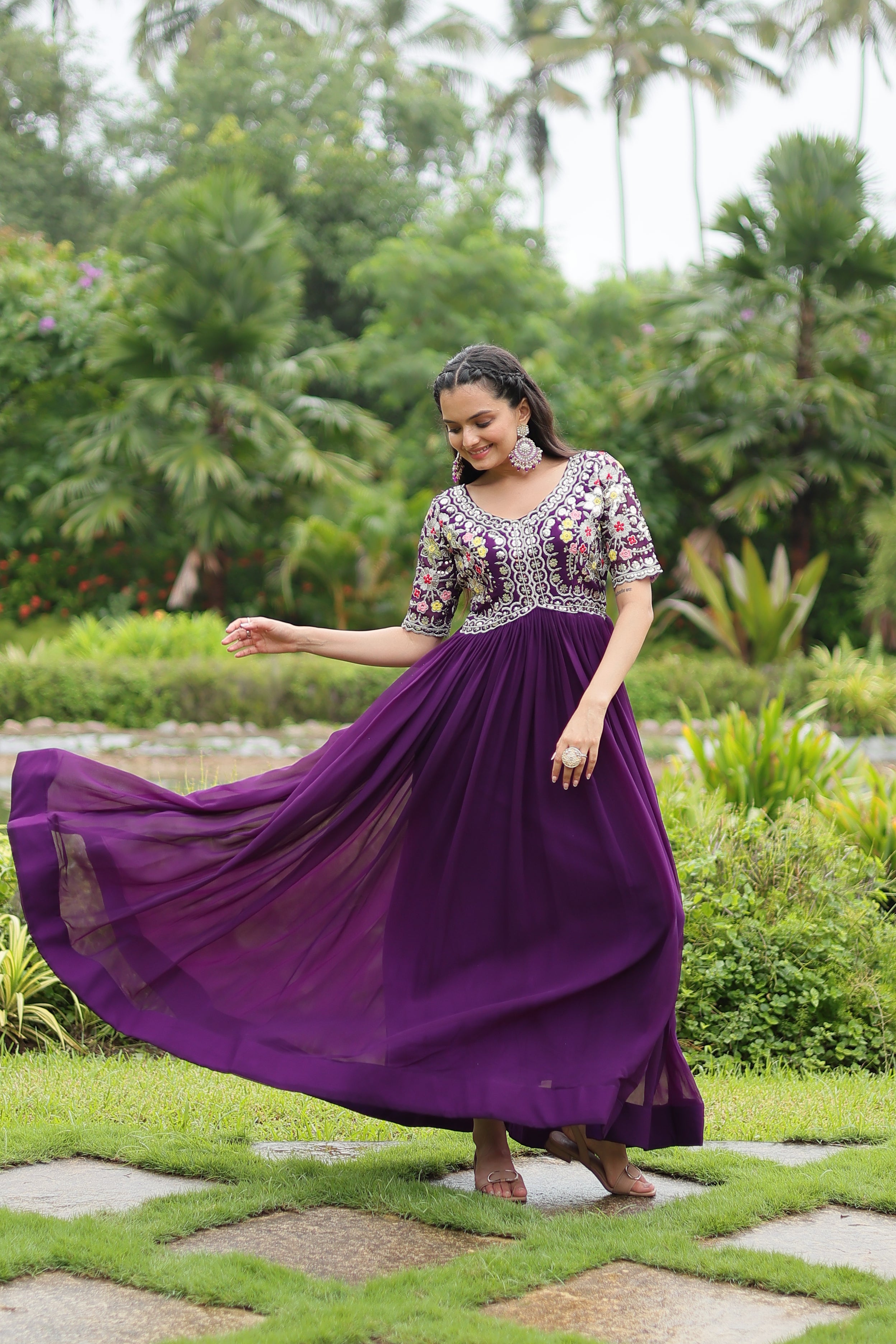Women’s Purple Georgette Gown – Elegant Designer Wear with Embroidered Detailing