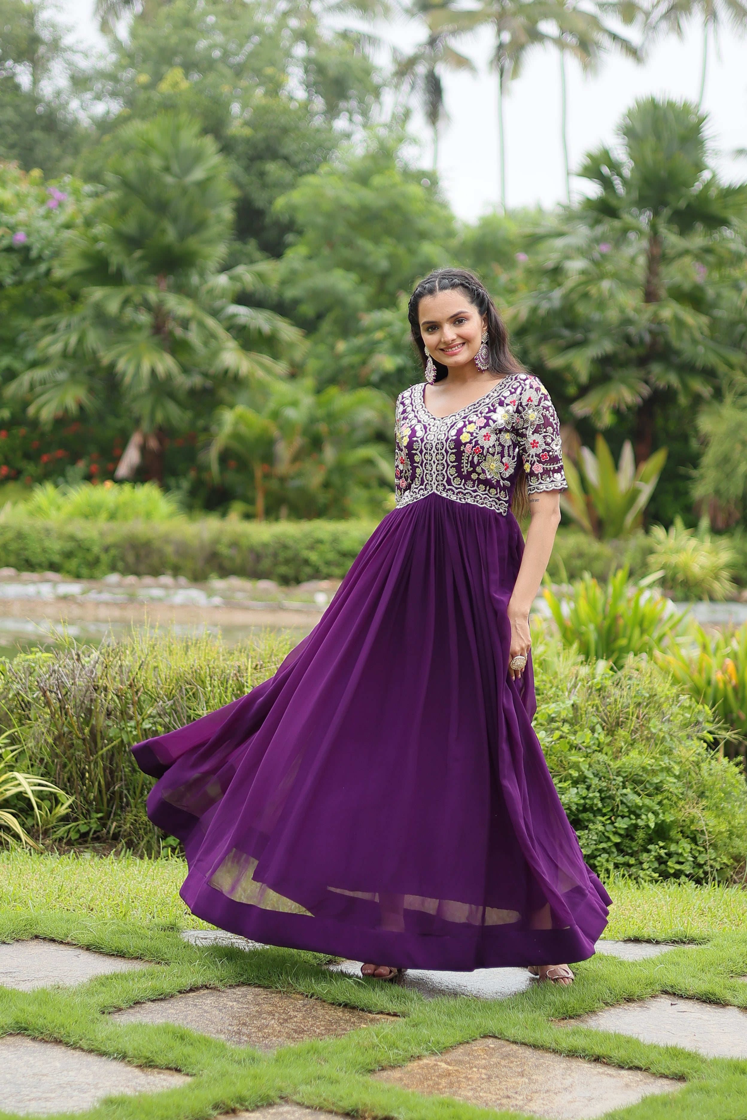 Women’s Purple Georgette Gown – Elegant Designer Wear with Embroidered Detailing