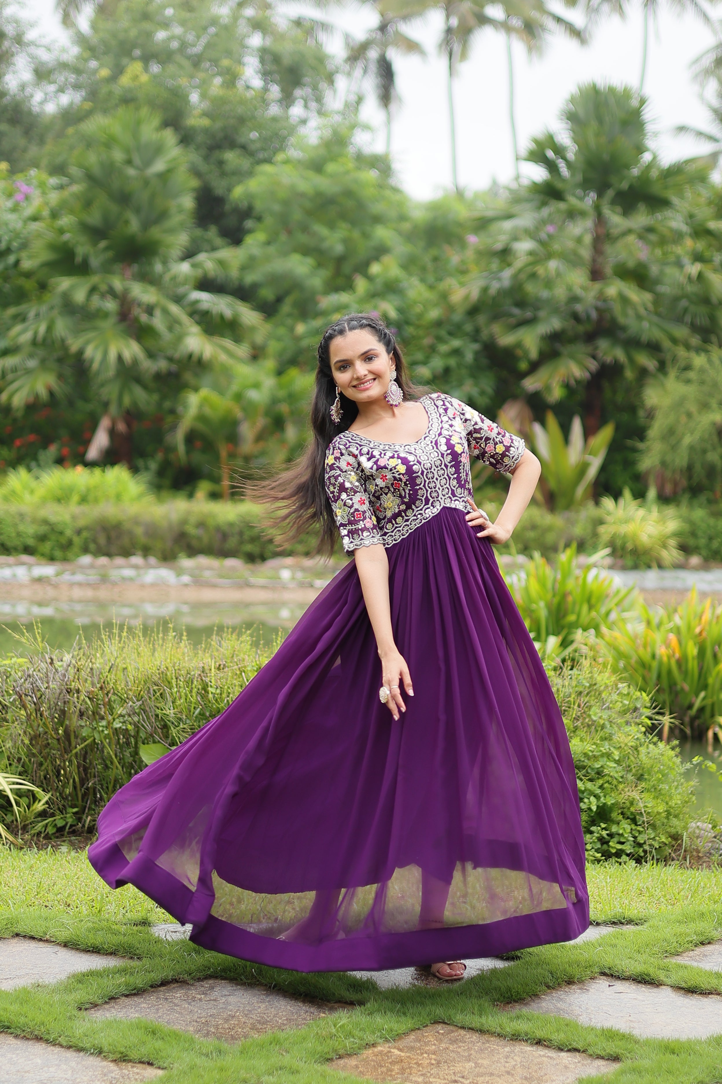 Women’s Purple Georgette Gown – Elegant Designer Wear with Embroidered Detailing
