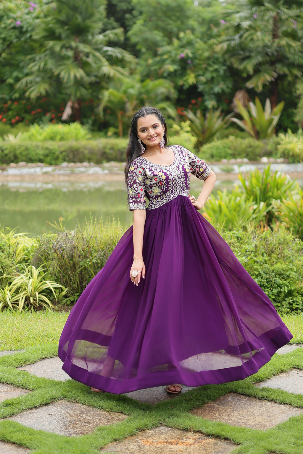 Women’s Purple Georgette Gown – Elegant Designer Wear with Embroidered Detailing