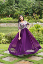 Women’s Purple Georgette Gown – Elegant Designer Wear with Embroidered Detailing