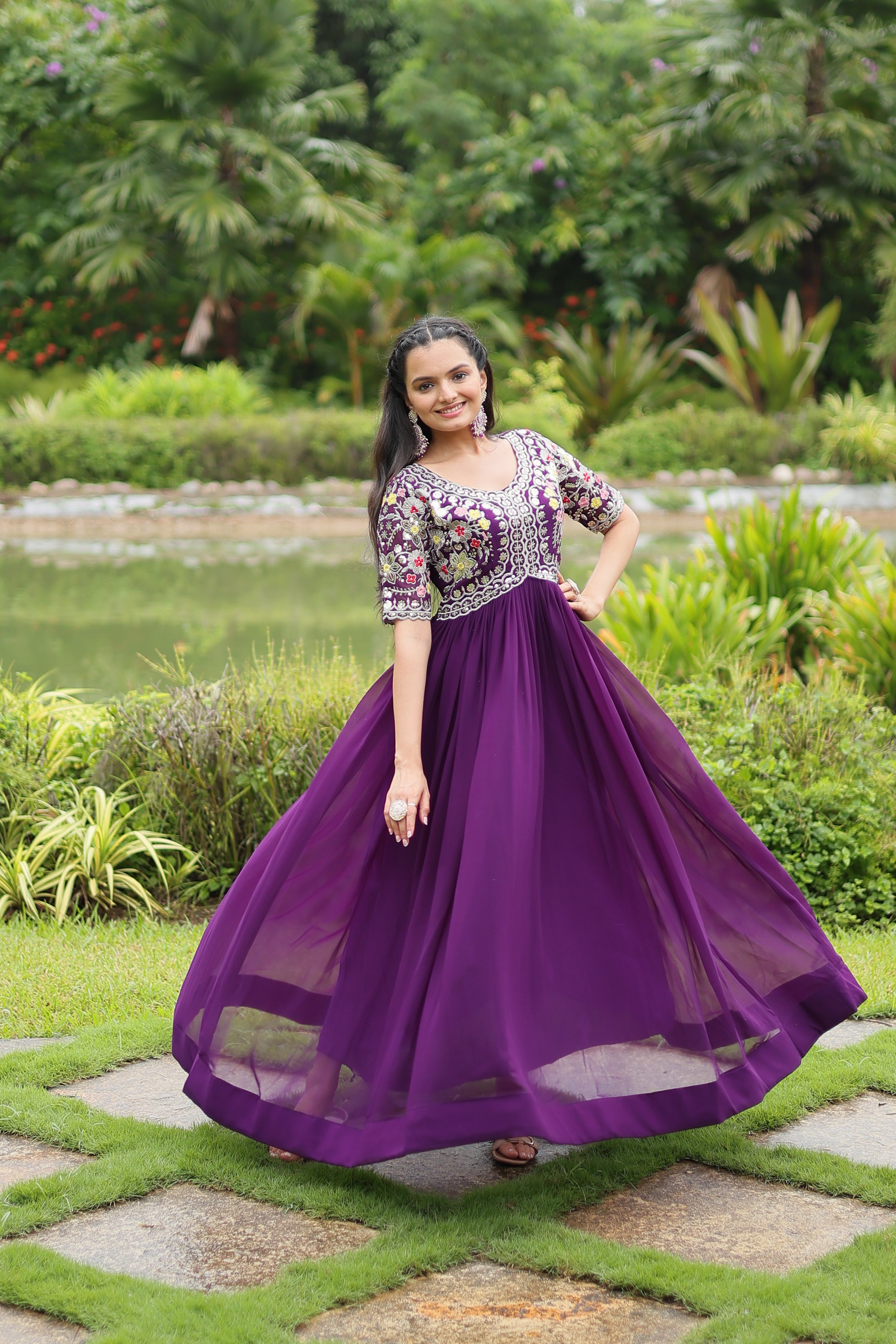 Women’s Purple Georgette Gown – Elegant Designer Wear with Embroidered Detailing